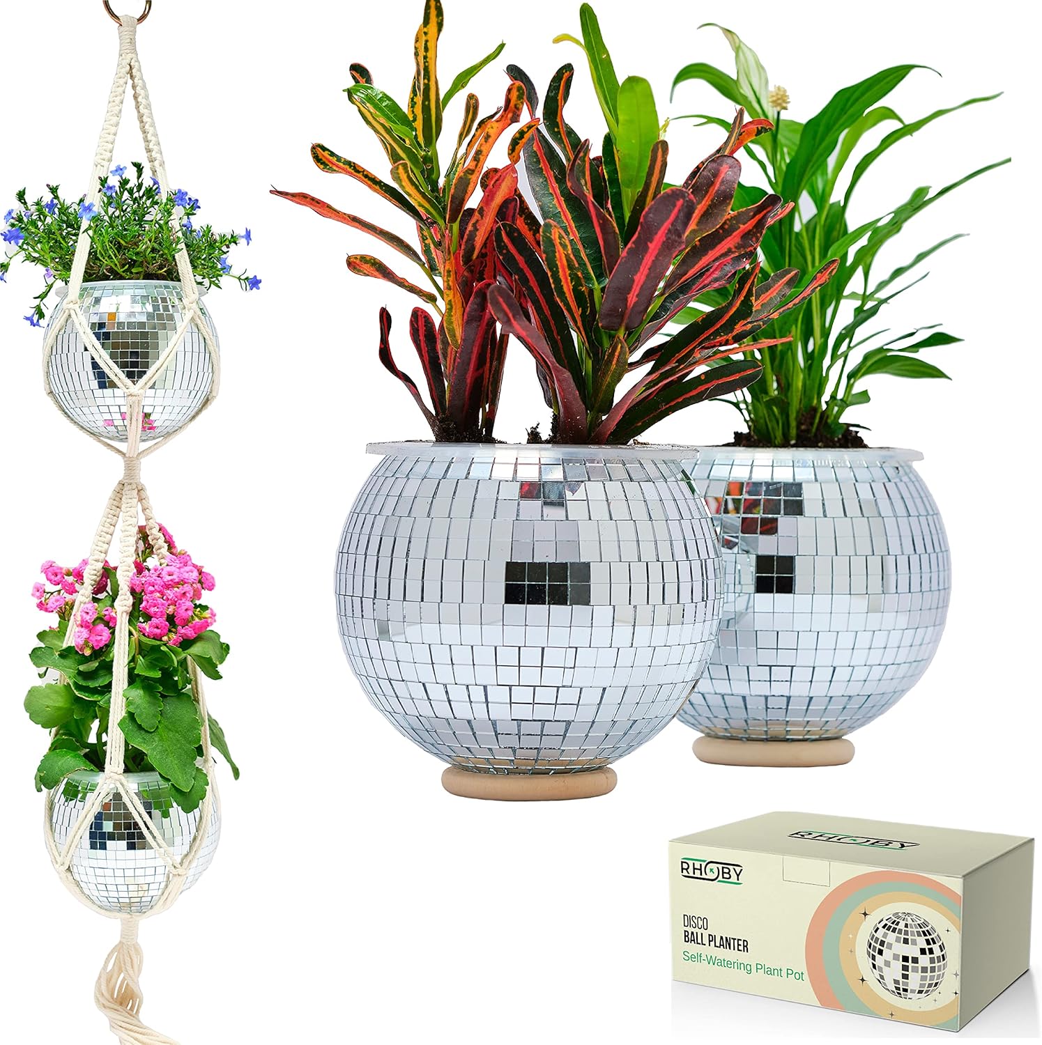 Disco Ball Planter with Drainage 2 Pcs 6” Self Watering