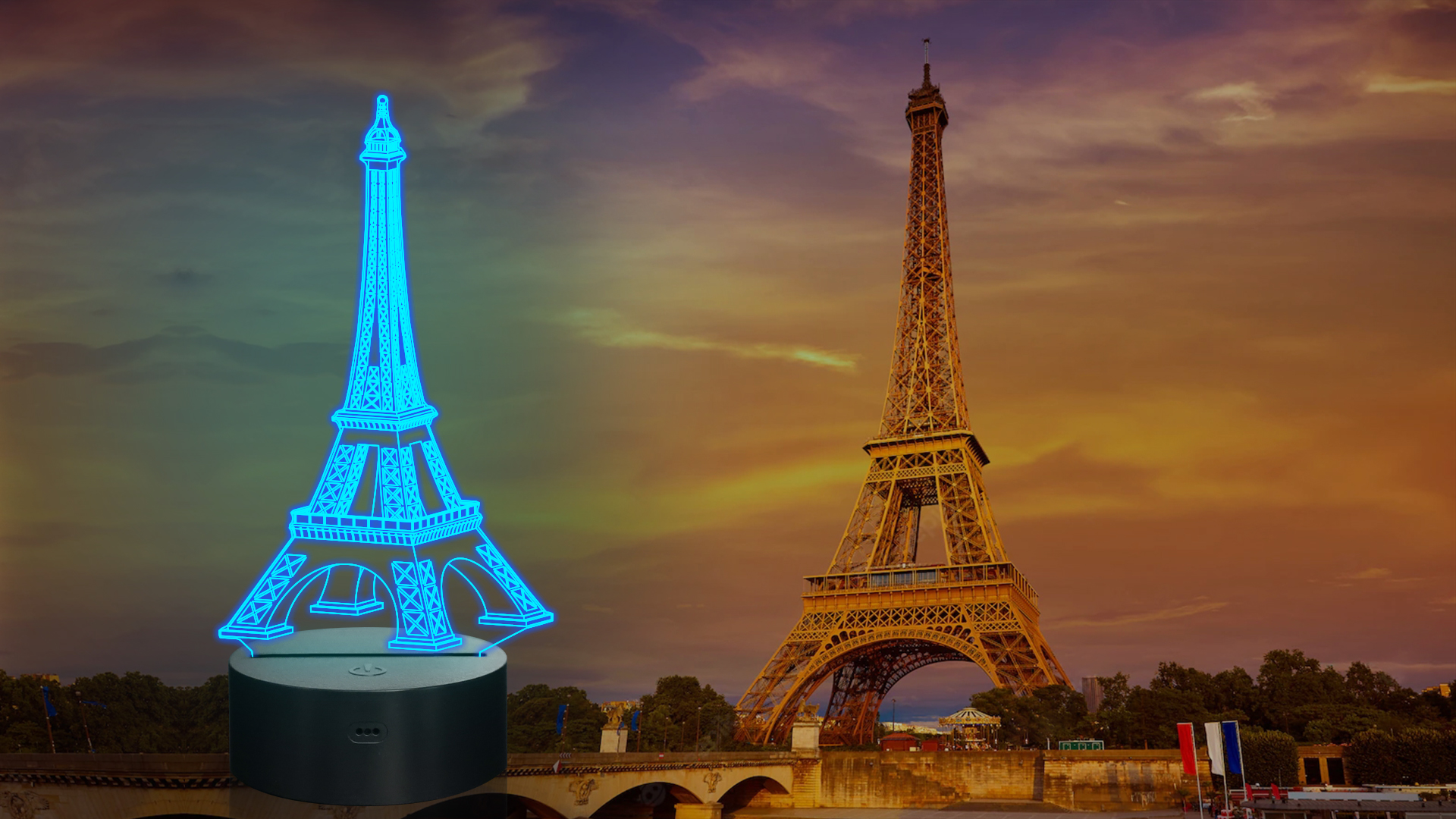 Image of FULLOSUN Eiffel Tower Nightlight 3D Illusion Lamp Visual Bedroom Decoration LED Lamp with Remote Control 16 Color Changing Paris Fashion Style Acrylic Gifts for Birthday Xmas