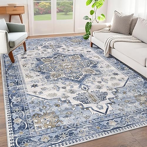 HEBE Washable Area Rug 5'x7', Non Slip Boho Rugs for Bedroom, Vintage Distressed Living Room Rug, Low Pile Indoor Floor Carpet Cover Throw Rug for Dining Room Kitchen Nursery