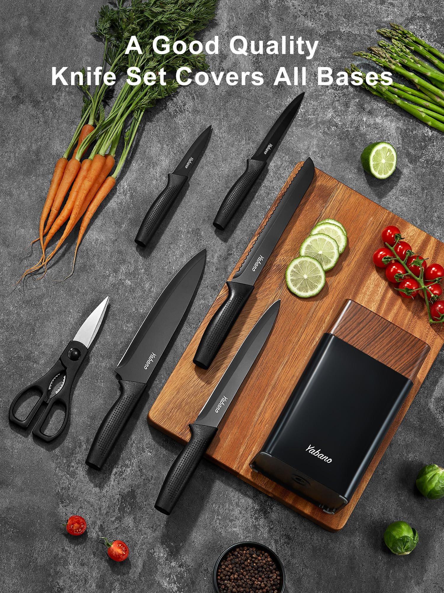 Yabano 7 Piezas Juego de Bloques Cuchillos de Cocina con Mango Ergonómico y Acero Inoxidable con Alto de Carbono, juego de bloque de cuchillos de cocina con afilador incorporado, Negro