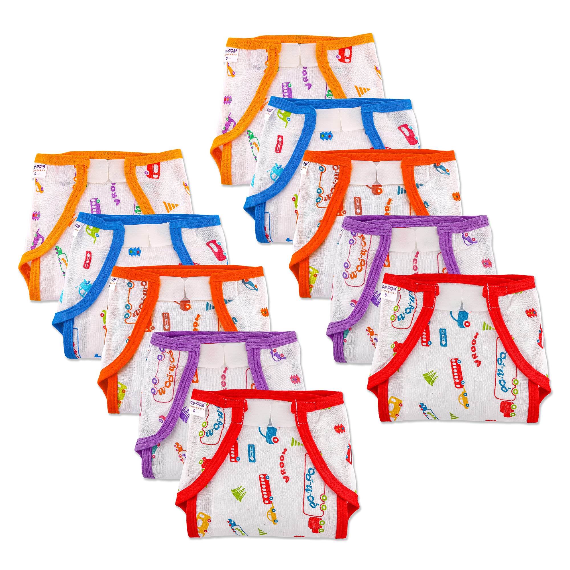 pom-pom SWEET HEARTS Washable Reusable Printed Welcro Self Fastener Cotton Muslin Nappy, Langot For New Born Baby - Pack of 10 (Traffic Print 3-6 Months)