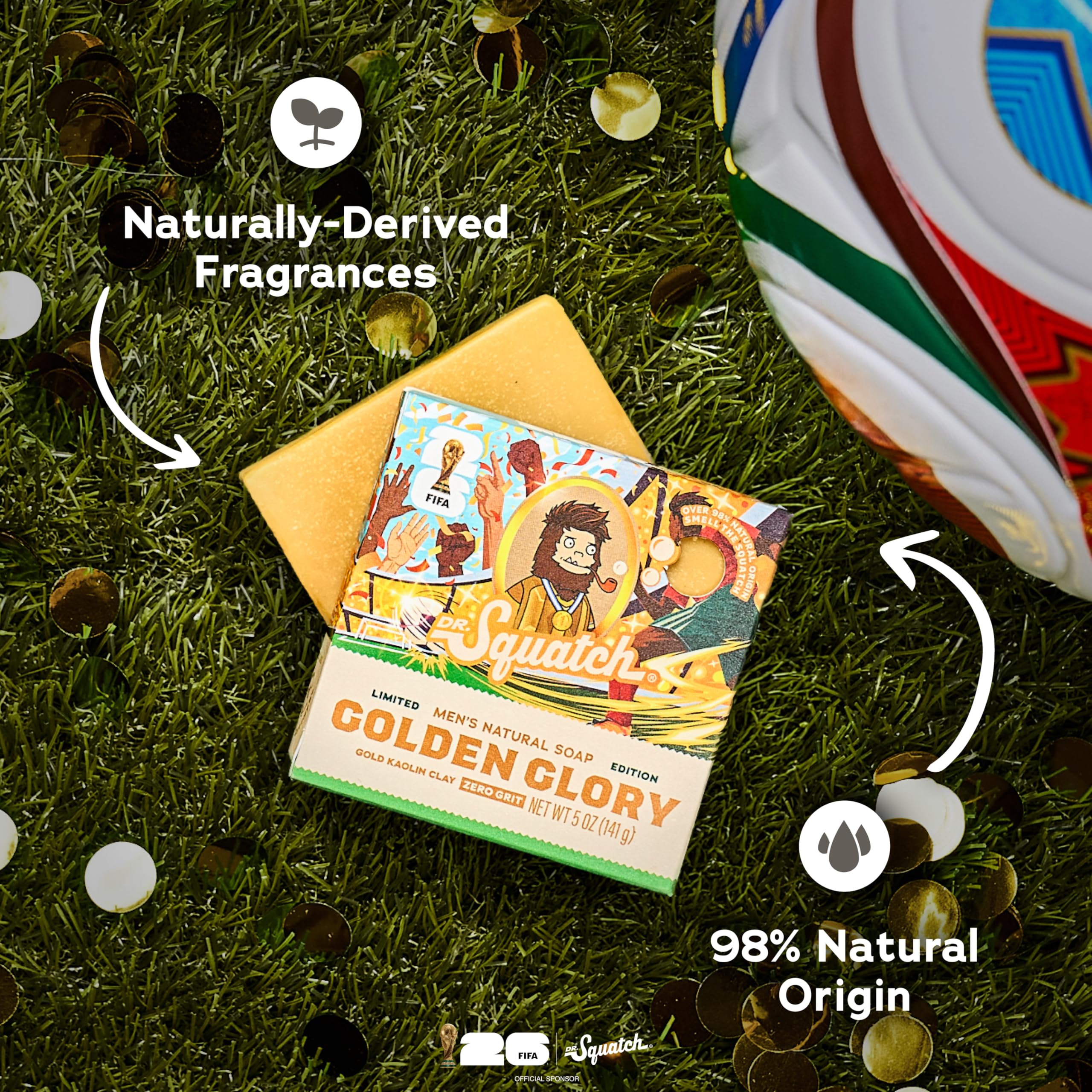 Dr. Squatch Natural Men's Bar Soap – limitowana edycja FIFA World Cup 2026, inspirowane prezenty dla mężczyzn – Natural Cold Process Soap Bar – Golden Glory (142 g)
