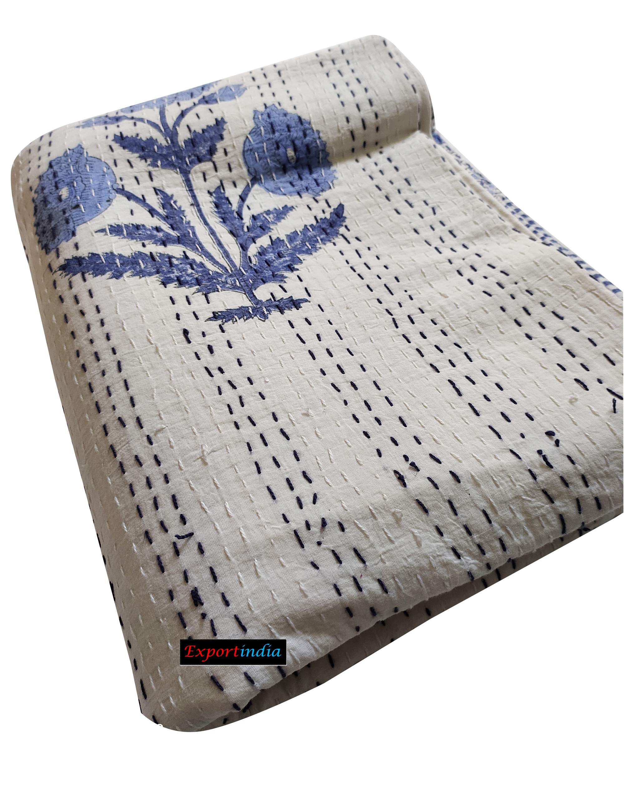 Exportindia Bedspread Hand Block Blue Floral Print Kantha Quilt 100% Cotton Handmade Kantha Quilt Flat Blanket,Bedsheet Coverlet Sofa Cover