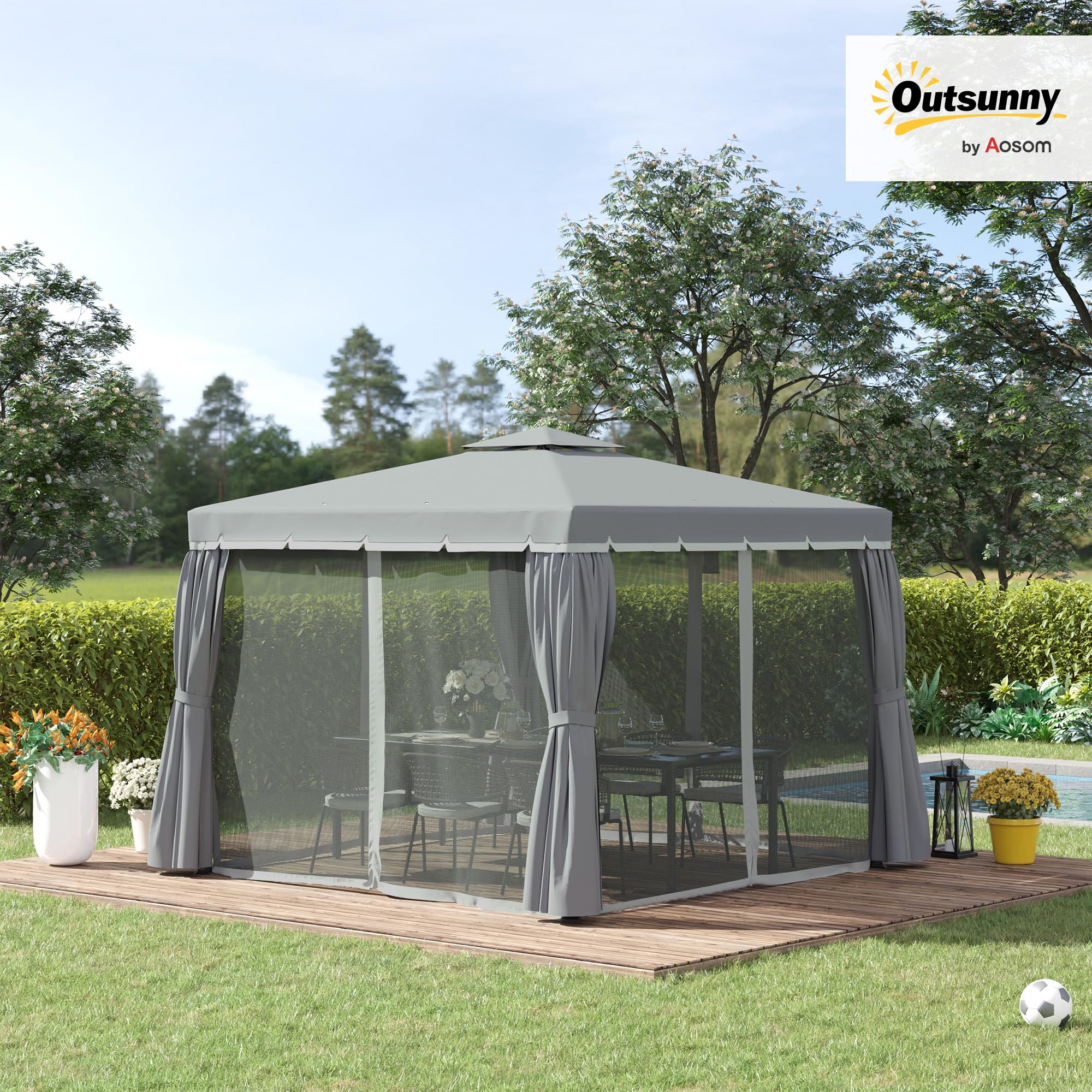 Outsunny Gartenpavillon Pavillon 2,96 x 2,96 m Gartenzelt mit Doppeldach Festzelt Partyzelt mit 4 x Seitenteile Moskitonetz wetterfest Aluminium Polyester Dunkelgrau