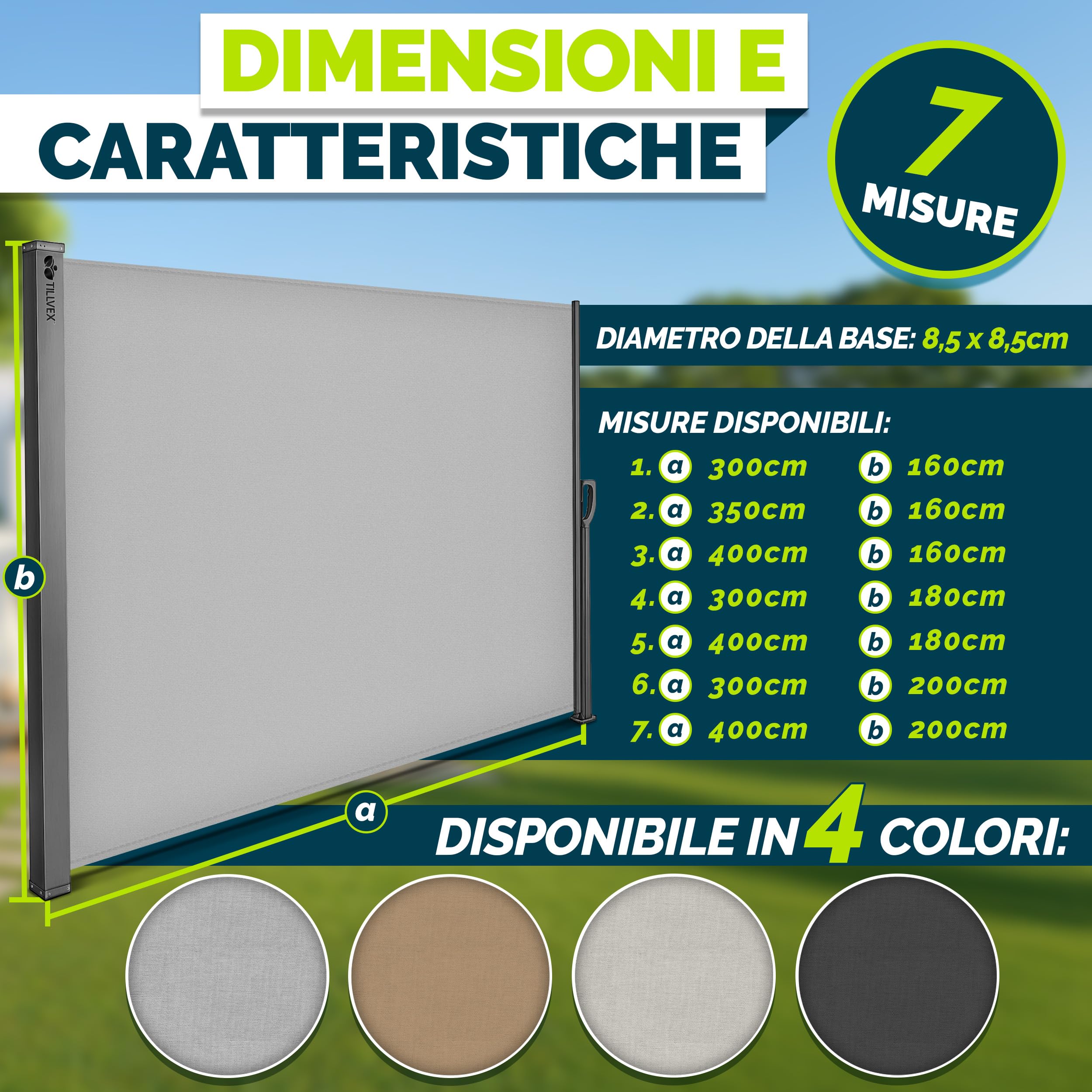 Tillvex Tenda Laterale Estensibile Oscurante 200x400 cm Acciaio Inox Antivento
