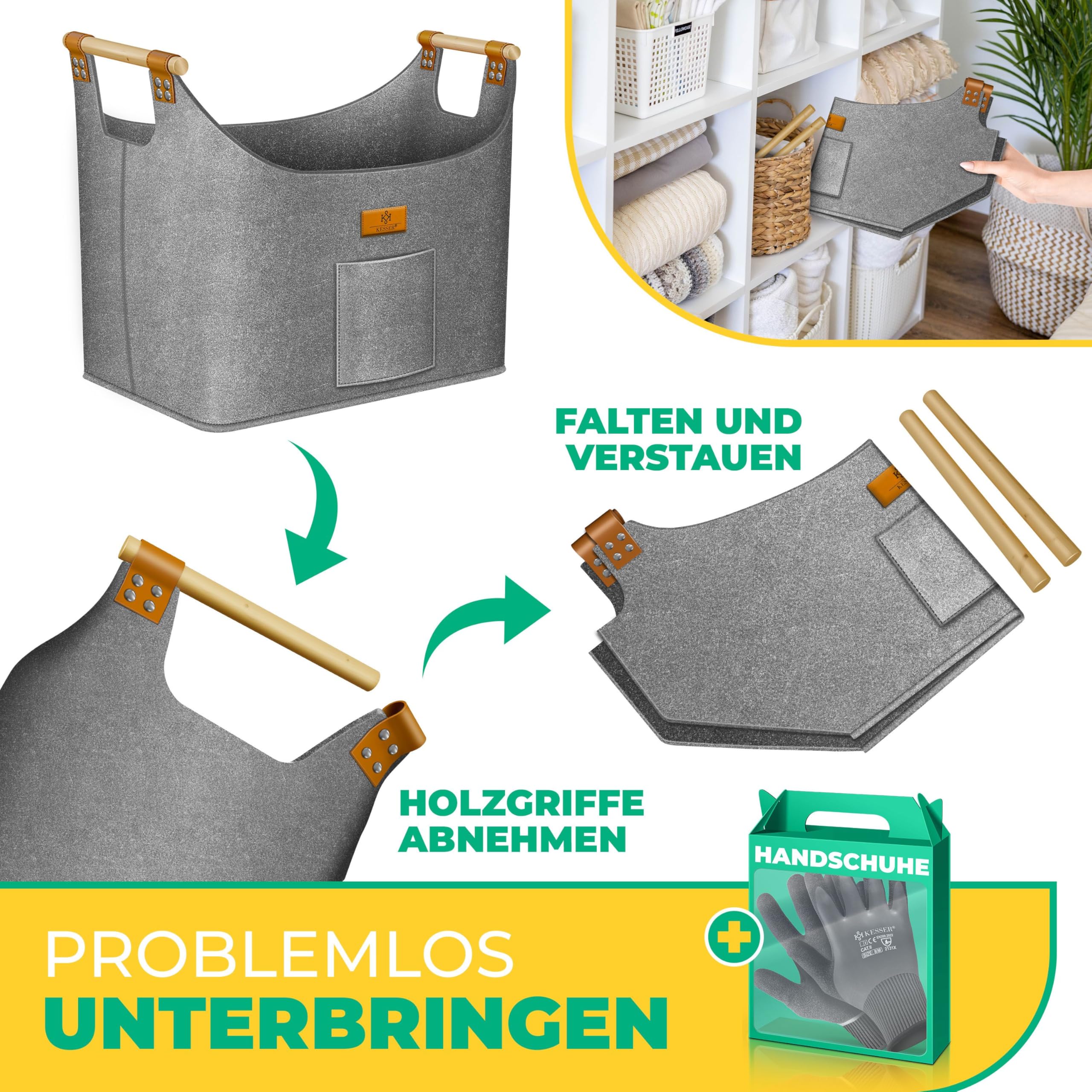 KESSER Brandhoutmand 90 liter | Brandhouttas extra dik vilt | opvouwbare brandhoutmand met versterkte houten handgrepen | opbergmand voor hout, krant of brandhout | incl. werkhandschoenen