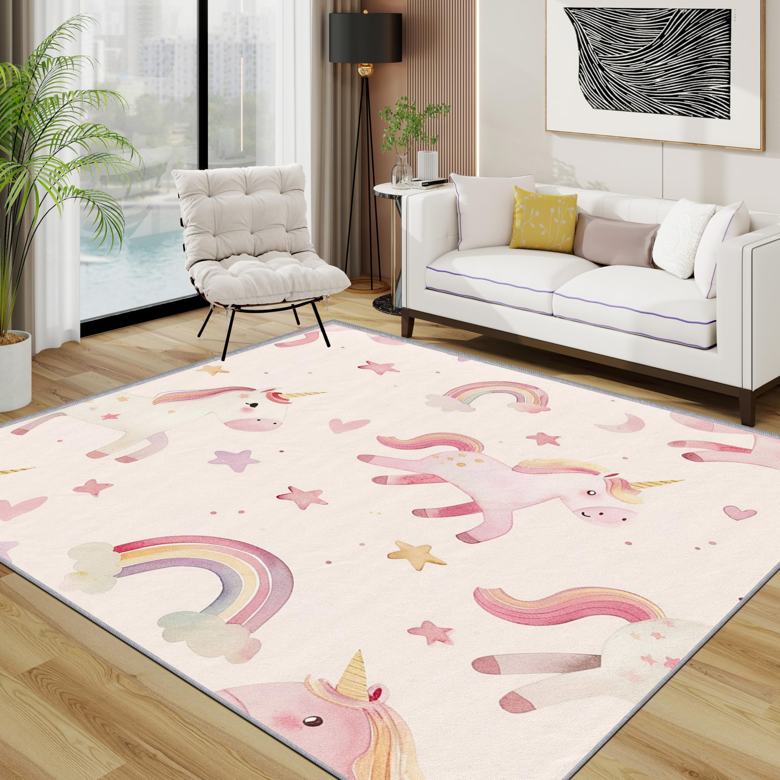 Unicorn Rugs Living Room Large 160x230 - Rainbow Star Fantasy Pink Bedroom Rug, Cute Dreamy Kids Girls Washable Non Slip Low Pile Carpet, Unicorn Home Decor