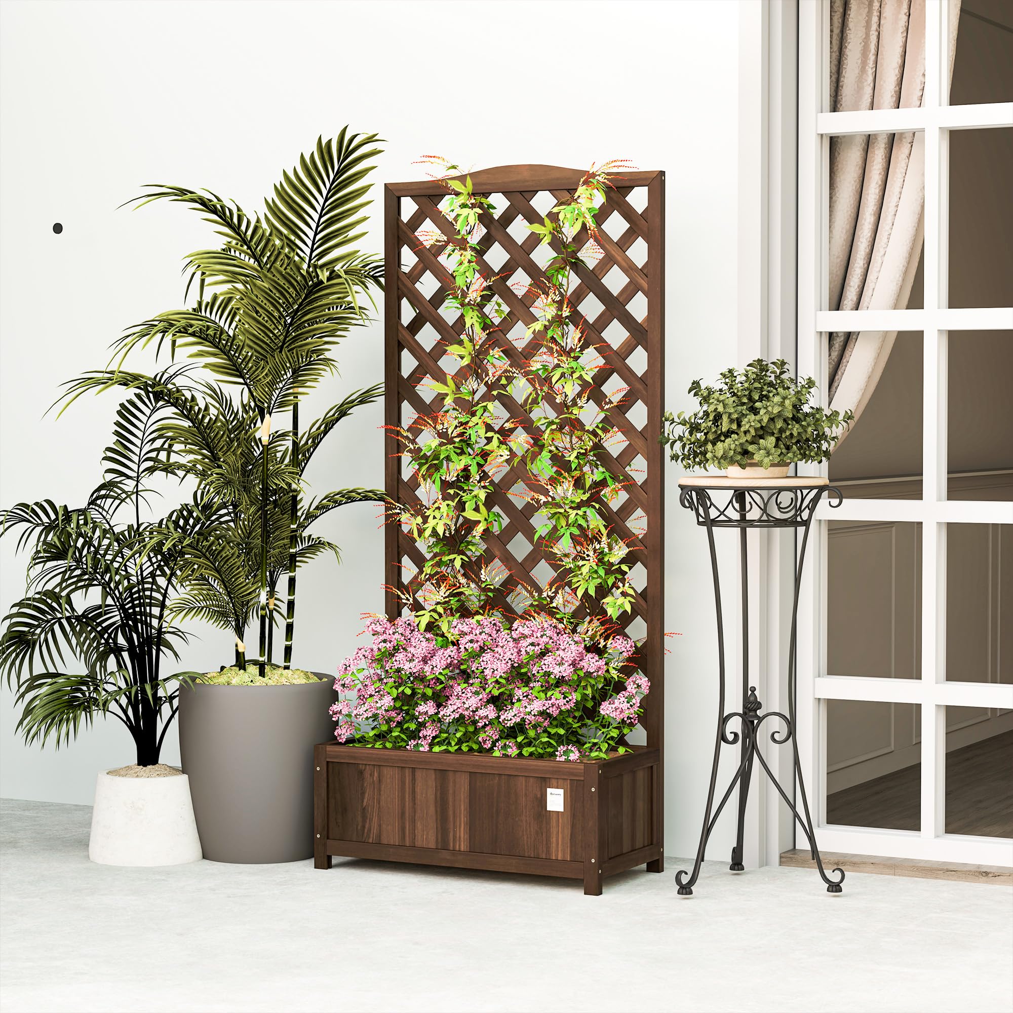 Outsunny Jardinière avec Treillis Bac à Fleurs sur Pied 76x36x170 cm Bois Sapin pré-huilé Marron