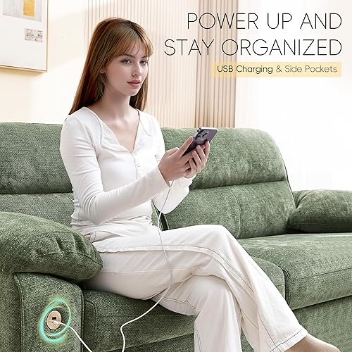 Miniatura 3 de Ihanherry Sofá moderno de 92 pulgadas para sala de estar, sofá de felpilla de asiento profundo con puerto de carga rápida y cojines extraíbles