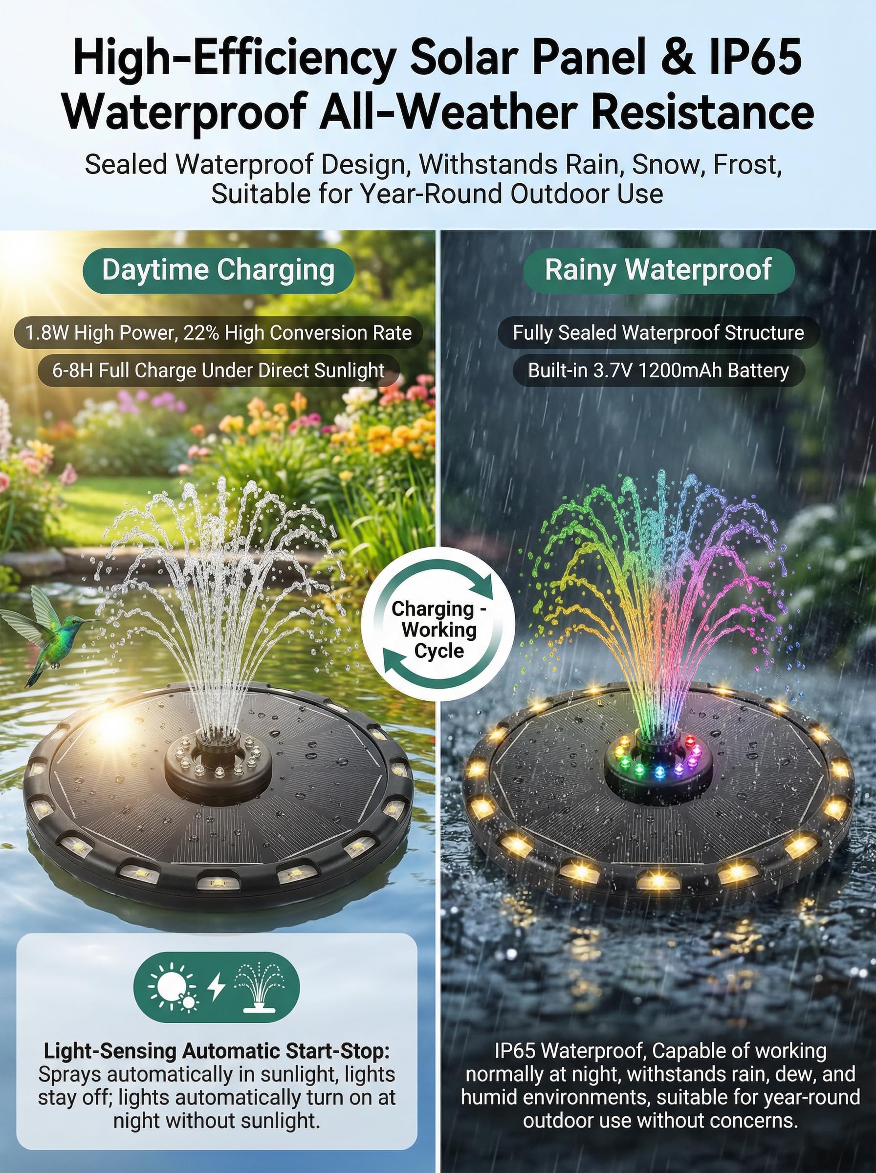 Solar Springbrunnen 3.5W, Solarbrunnen für außen 2026 Upgrade, Solar Teichpumpe mit 8 Bunten&18 Warmweiße LED-Leuchten, Solar Fontäne mit 6 Effekte für Garten Fischteich Wasserspiel Vogel-Bad