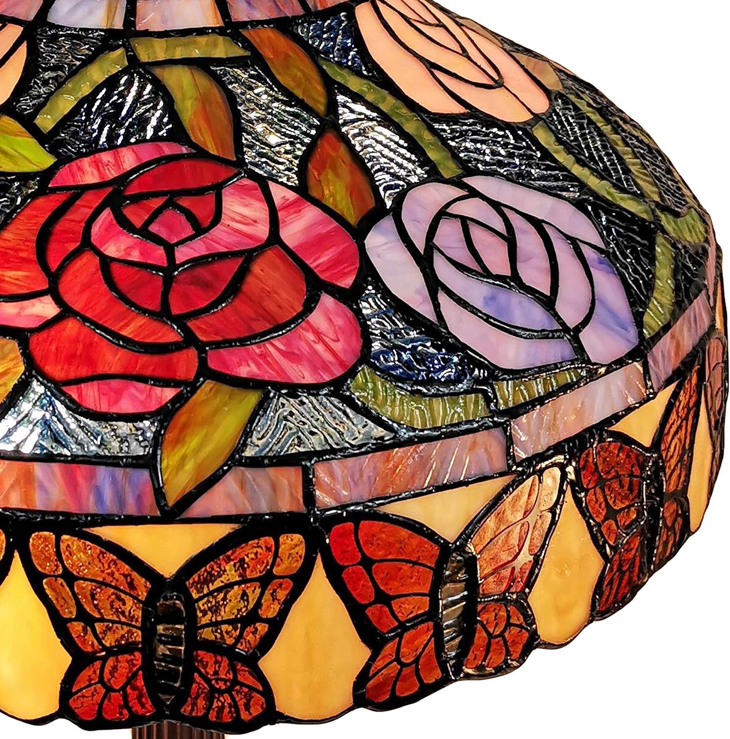 Tiffany Style Table Lamp Banker 23" Tall Stained Glass Red Green Tan Floral Flower Butterfly Antique Vintage Light Decor Living Room Bedroom Handmade Gift AM060TL16B Amora Lighting, Multicolor
