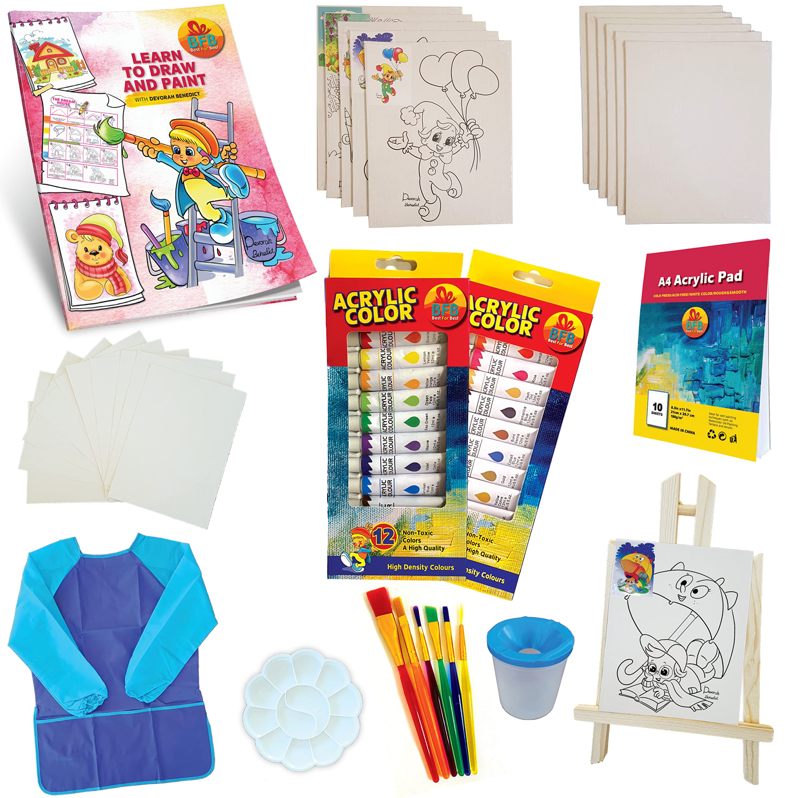 Paint Set for Kids with Learn How to Draw Booklet, 58Pcs Set w/Colorful Acrylic Paints, Painting Can