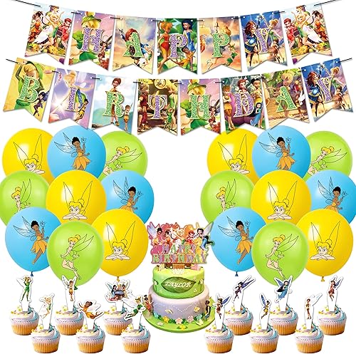 Tinker Bell - Decoraciones de fiesta de cumpleaños, suministros de fiesta de películas de hadas, incluye pancarta, decoraciones para pasteles,