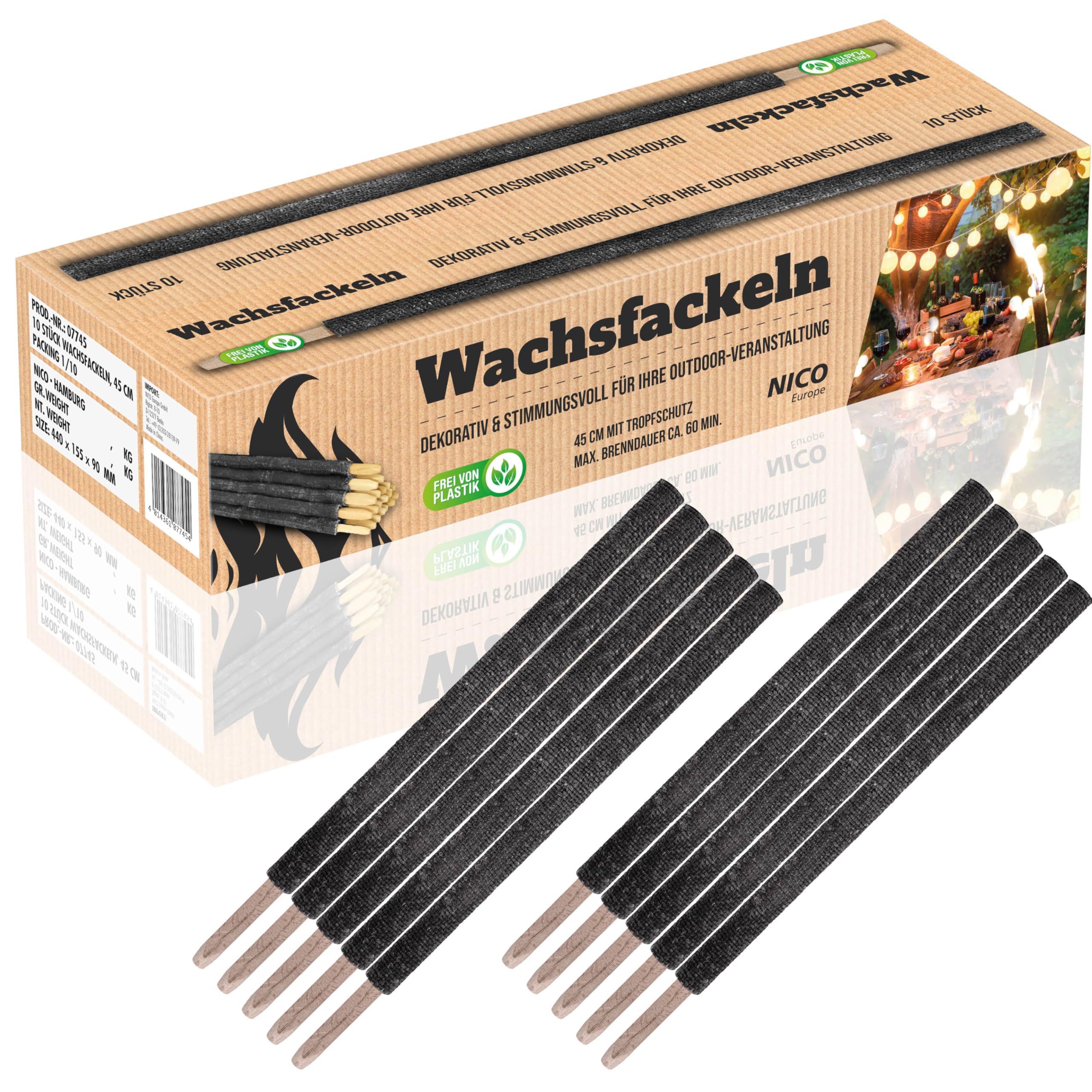 10 Stück Wachsfackeln, Brenndauer 60 Min. I hochwertige Fackeln aus Wachs mit Handschutz I Garten-Fackel für Outdoor Party, Event, Nacht-Wanderung