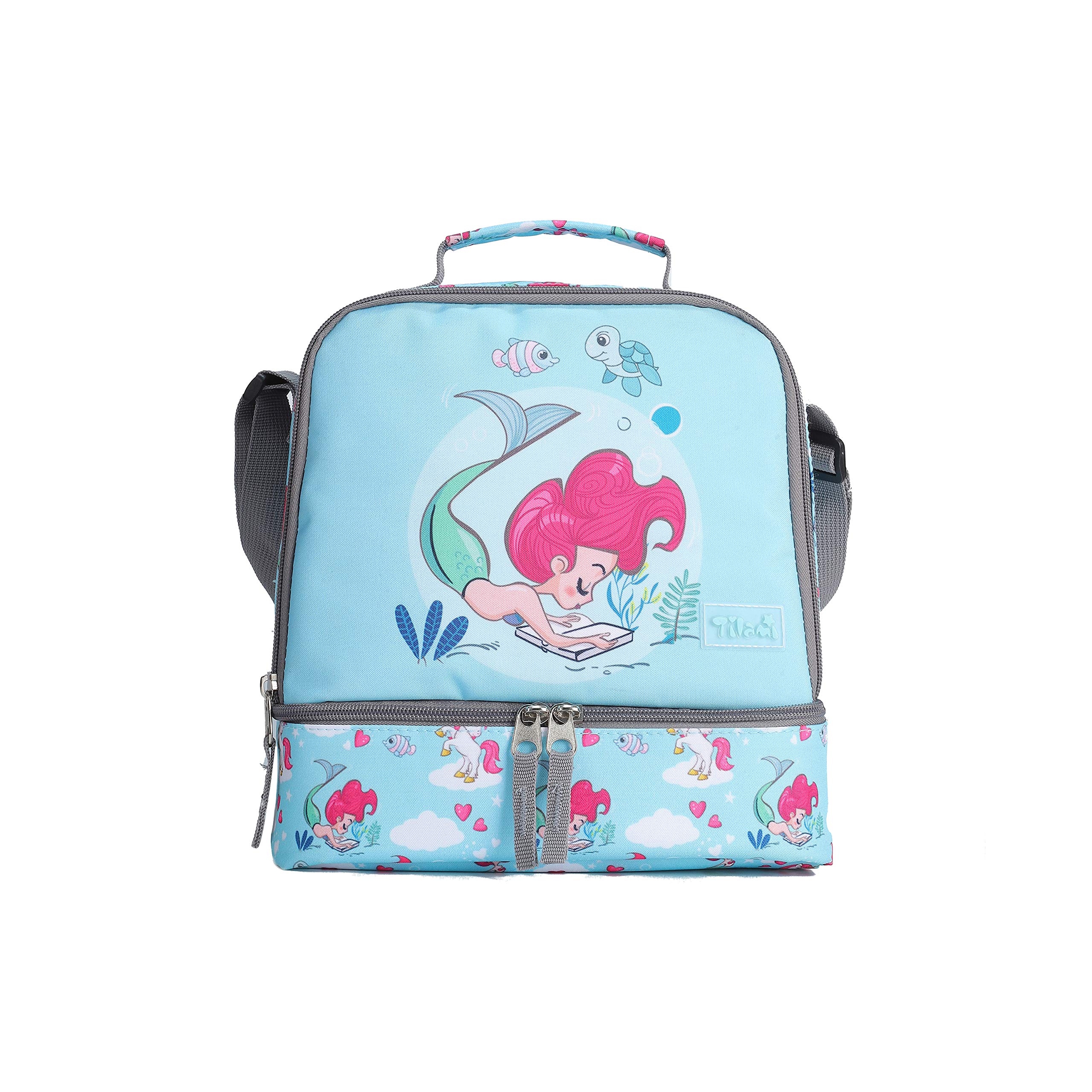 Tilami Lunch Bags Insulated Adjustable Strap Zipper, Two Compartments Cooler Bags, Bento Bags for Kids Toddlers,Mermaid