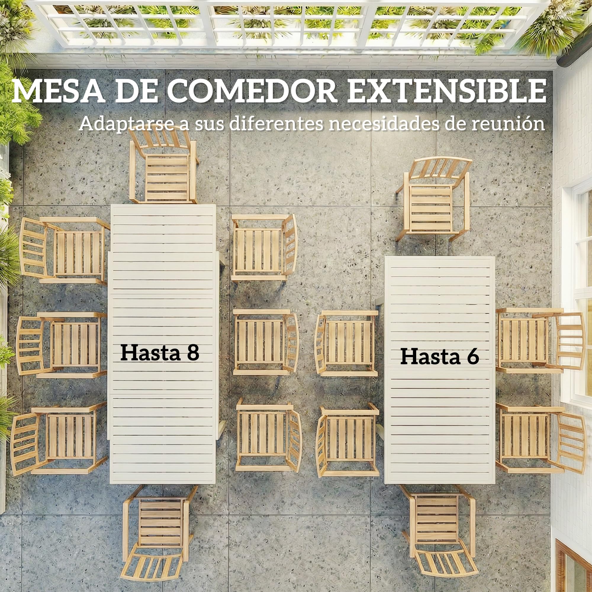 Outsunny Mesa de Jardín Extensible 150/225x85x75 cm, Mesa de Comedor Exterior Extensible Rectangular de Aluminio, con Tablero de Listones para 6-8 Personas, para Patio, Terraza, Blanco