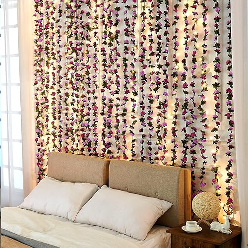 Miniatura 6 de MARTINE MALL Guirnalda de flores de vides, 12 hebras de flores de 99 pies para dormitorio, decoración de guirnalda de flores de rosas, guirnalda
