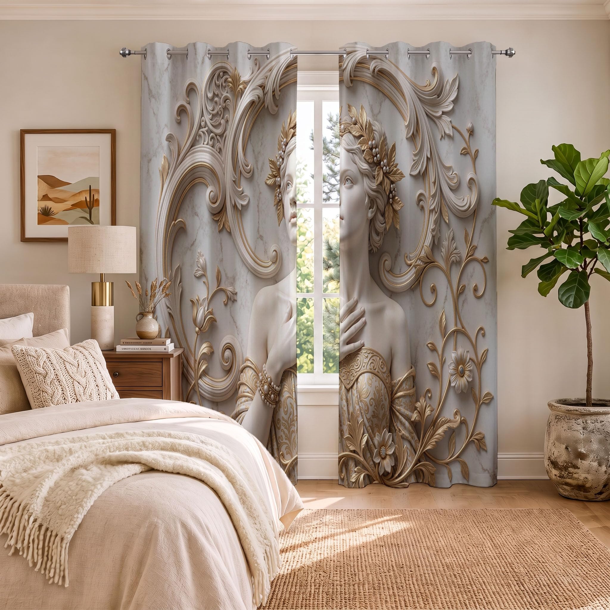 Europäischer Palast Schallschutz Blickdichte Vorhänge Wohnzimmer, 3D-Schöne Frau Verdunklungsvorhänge, Gold Thermovorhang Gardinen Mit Ösen Schlafzimmer - H175 x B140 cm (2er Pack)