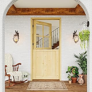 Exterior Prehung Dutch Door, 36" x 80", Universal 4 Lite Tempered Clear Glass Split Single Doors, Solid Core Home Entry Door, Natural Pine Wood - with 4 Hinges & 1 Latch & Jamb, Jamb Assembly Needed