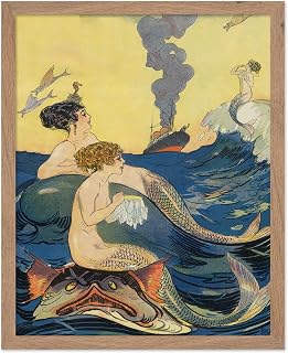 Monem Art Classic Mythical Poster - Vintage Fantasy Print - Gift for Artist, Sailor - An Old Acquaintance, Mermaids, Needle Work, Ocean Liner - Wall Decor for Living Room, 11x14 Beige Framed