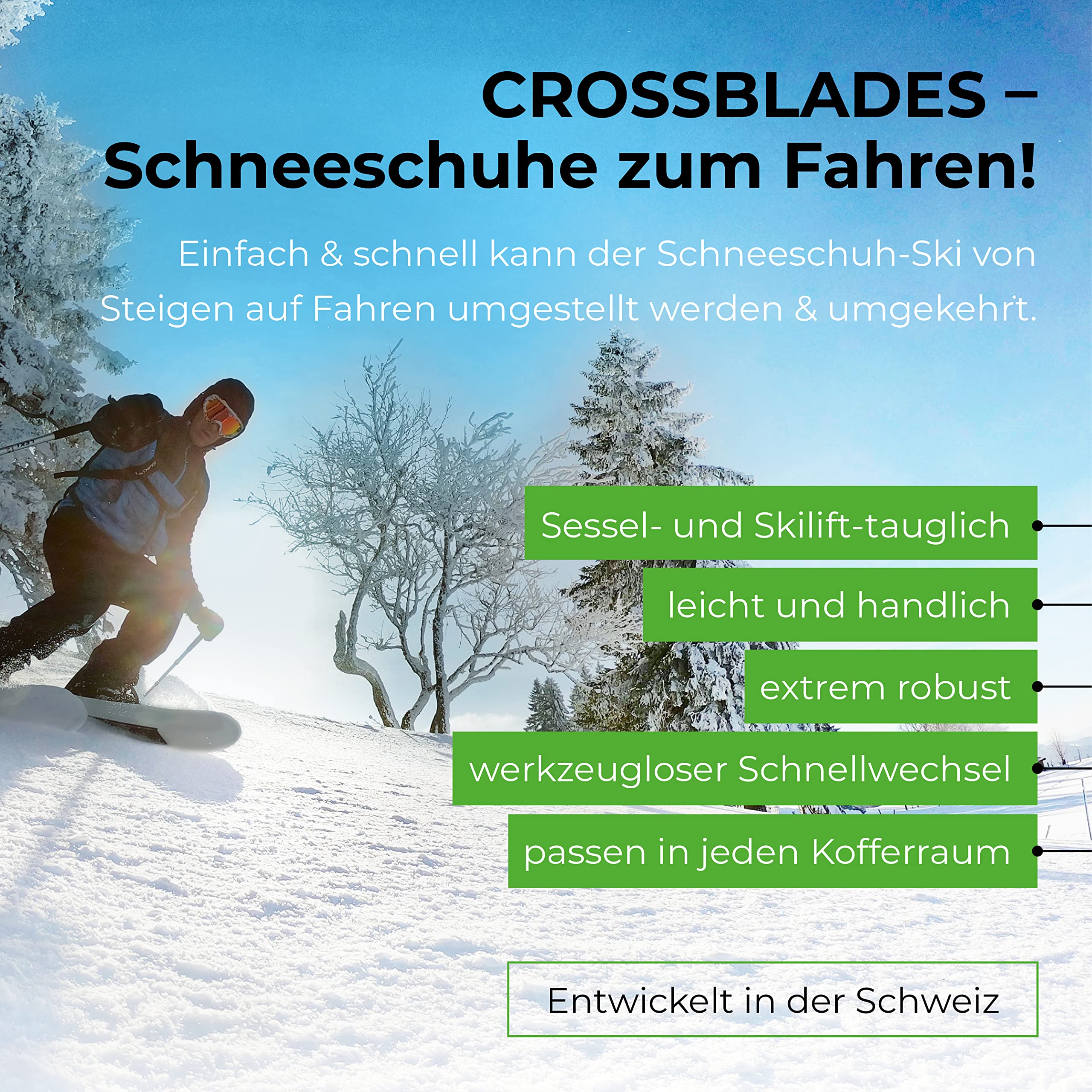 Harscheisen Schneeschuhe Schwarz I 3in1 Schneeschuh zum Steigen, Fahren & Gleiten I Weltneuheit - Schneeschuhe zum Skifahren I Gleitschuhe