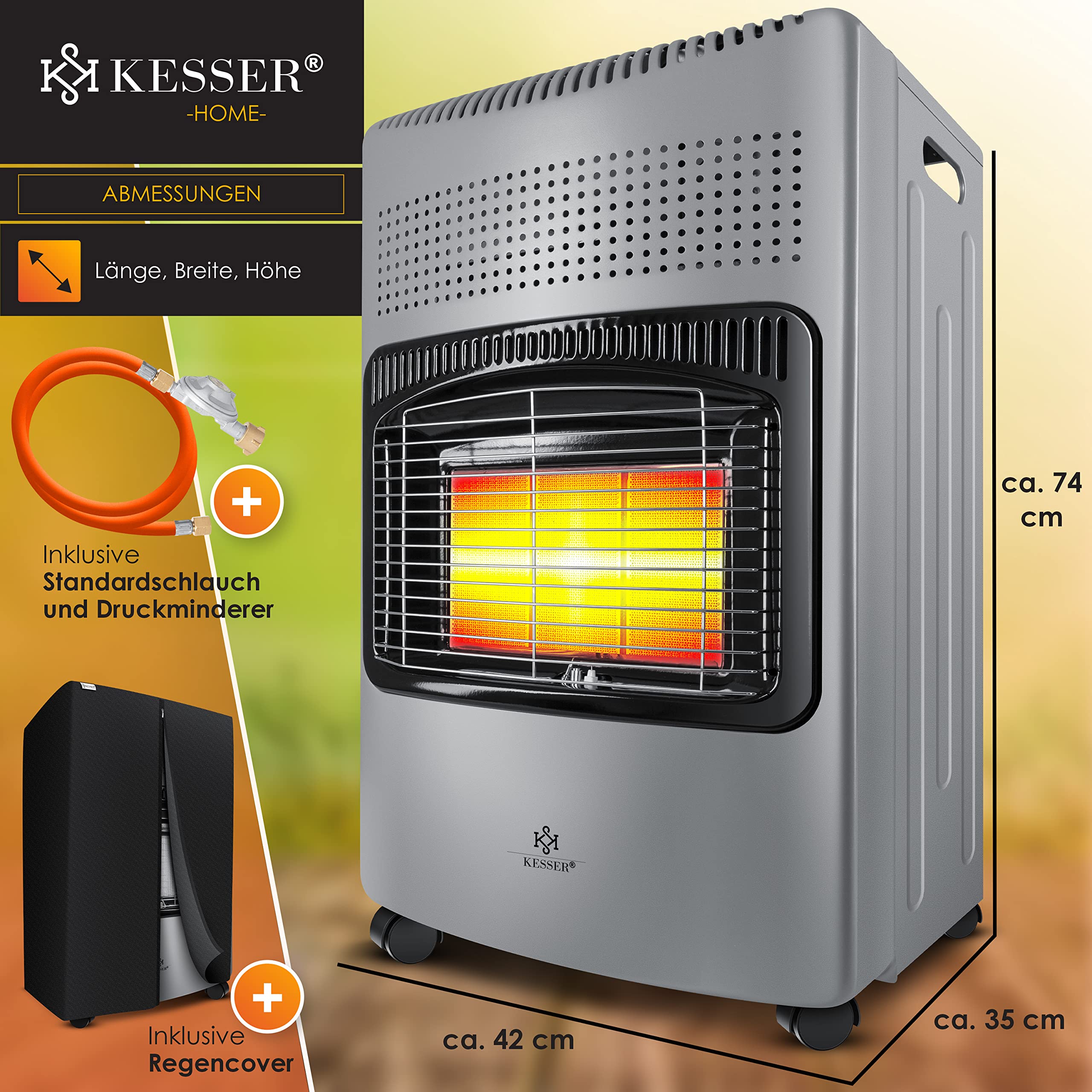 KESSER el calentador cerámico de gas de 4200W, incl. regulador de presión de gas, manguera de gas, calentador de gas, quemador cerámico de infrarrojos, bombonas de gas butano hasta 15kg, Gris Oscuro