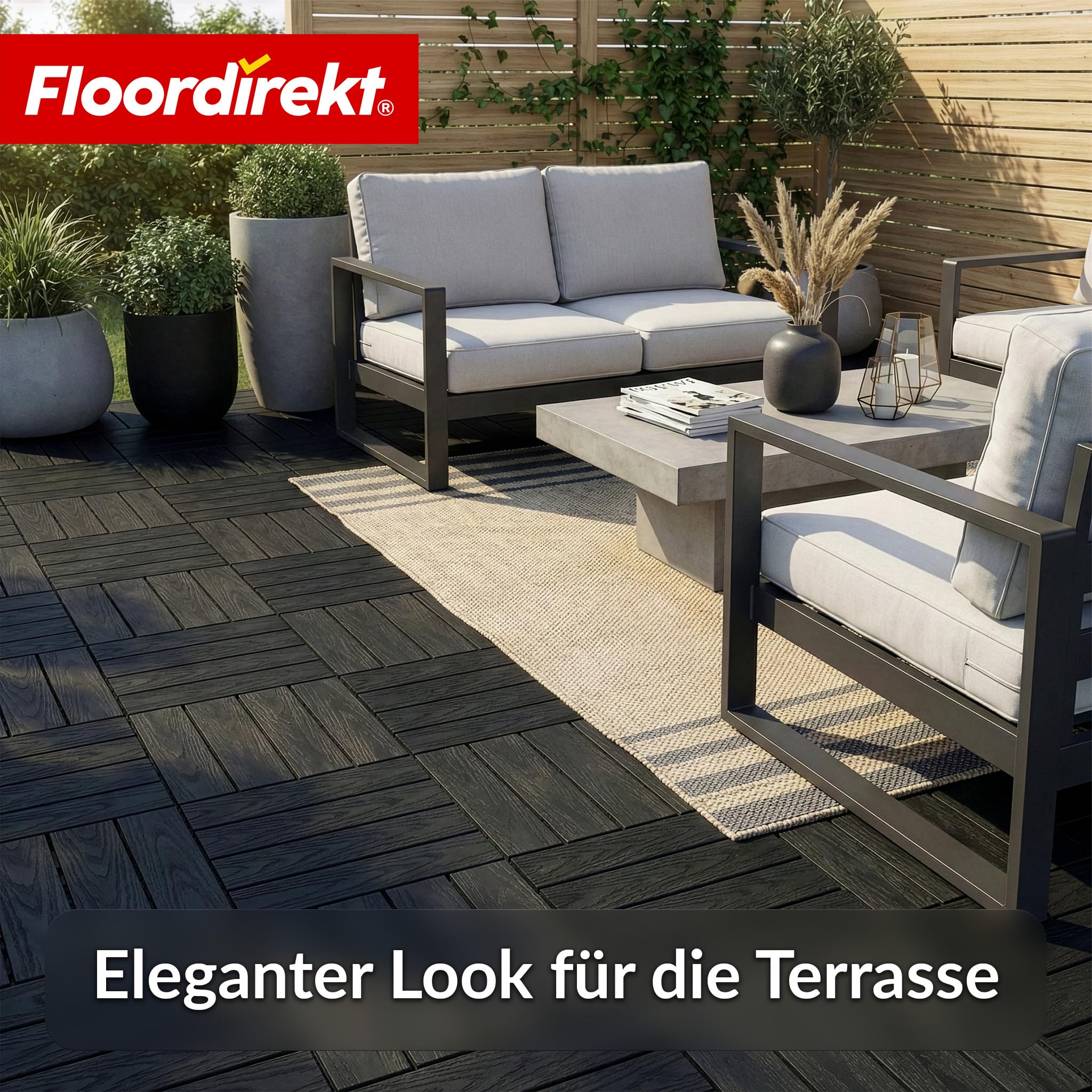 Floordirekt Płytki WPC 30 x 30 cm, 1 m² = 11 płytek tarasowych, płytek na klik, płytek balkonowych o wyglądzie drewna, wykładzina podłogowa na balkon i taras, odporna na warunki atmosferyczne, z