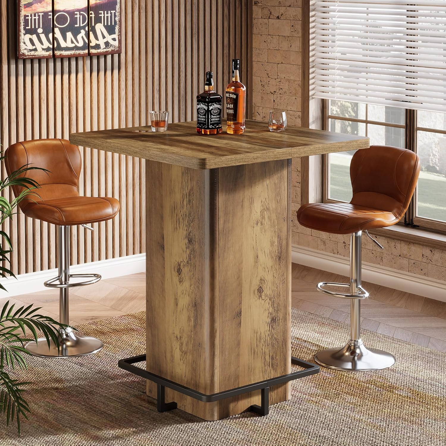 Tribesigns Bar Table, 39.37" High Wooden Square Bistro Pub Table with Metal Frame Footrest for Dining Coffee Cocktail Living Room, Small Space (Black)