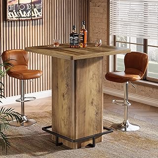Tribesigns Bar Table, 39.37" High Wooden Square Bistro Pub Table with Metal Frame Footrest for Dining Coffee Cocktail Living Room, Small Space (Brown)