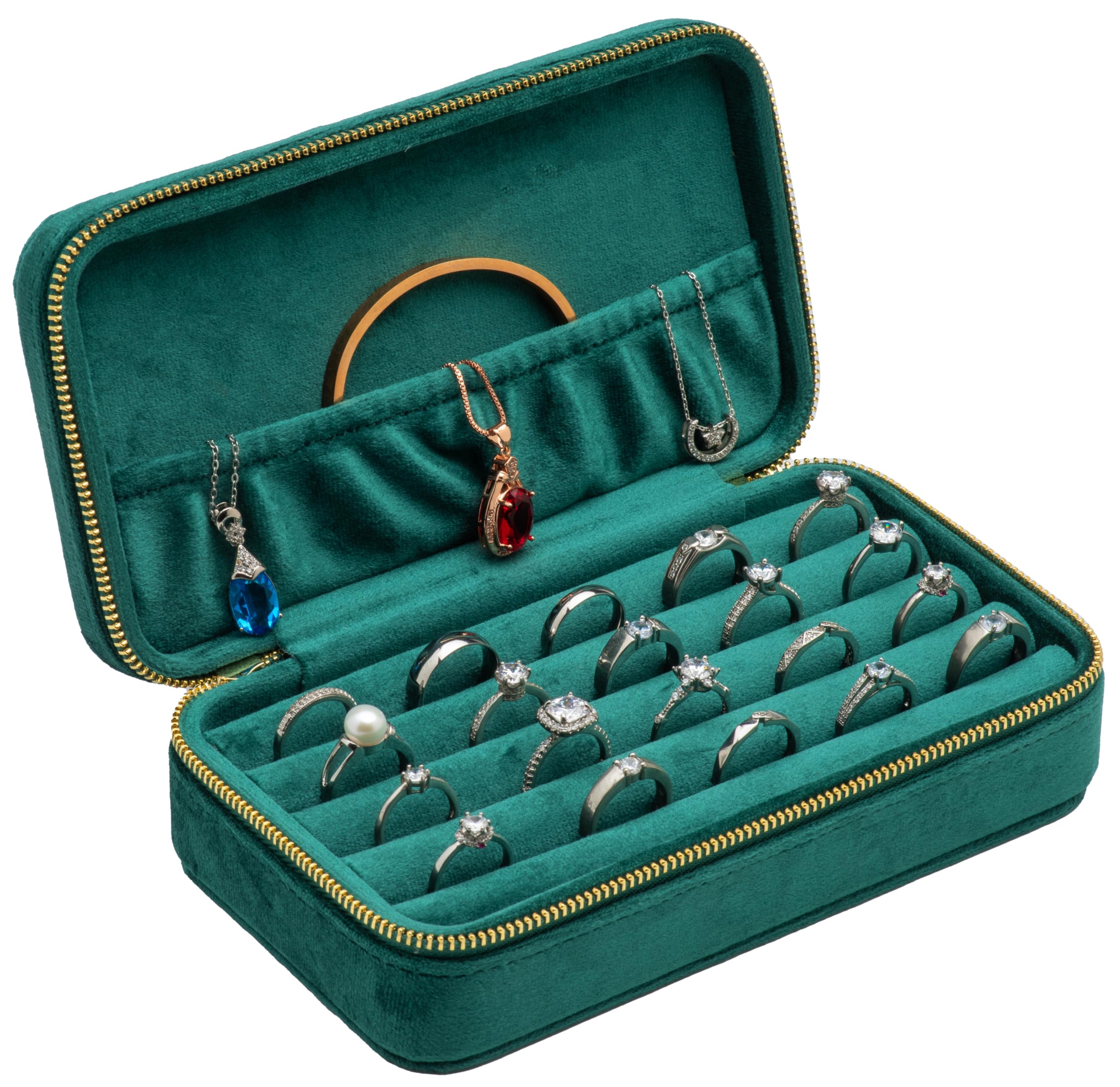 Velvet Multiple Ring Box Jewelry Organizer Display Tray with Zipper Around Earring Holder Case for Wedding Birthday (Green)