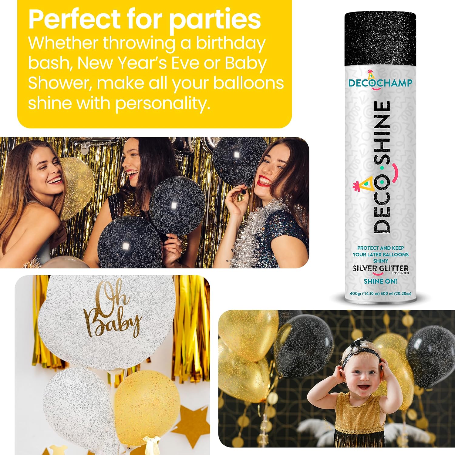 by DECOCHAMP DecoShine Balloons Spray Silver Glitter Brightest Instant Shine Aerosol (2 Pack- 40 oz Total)