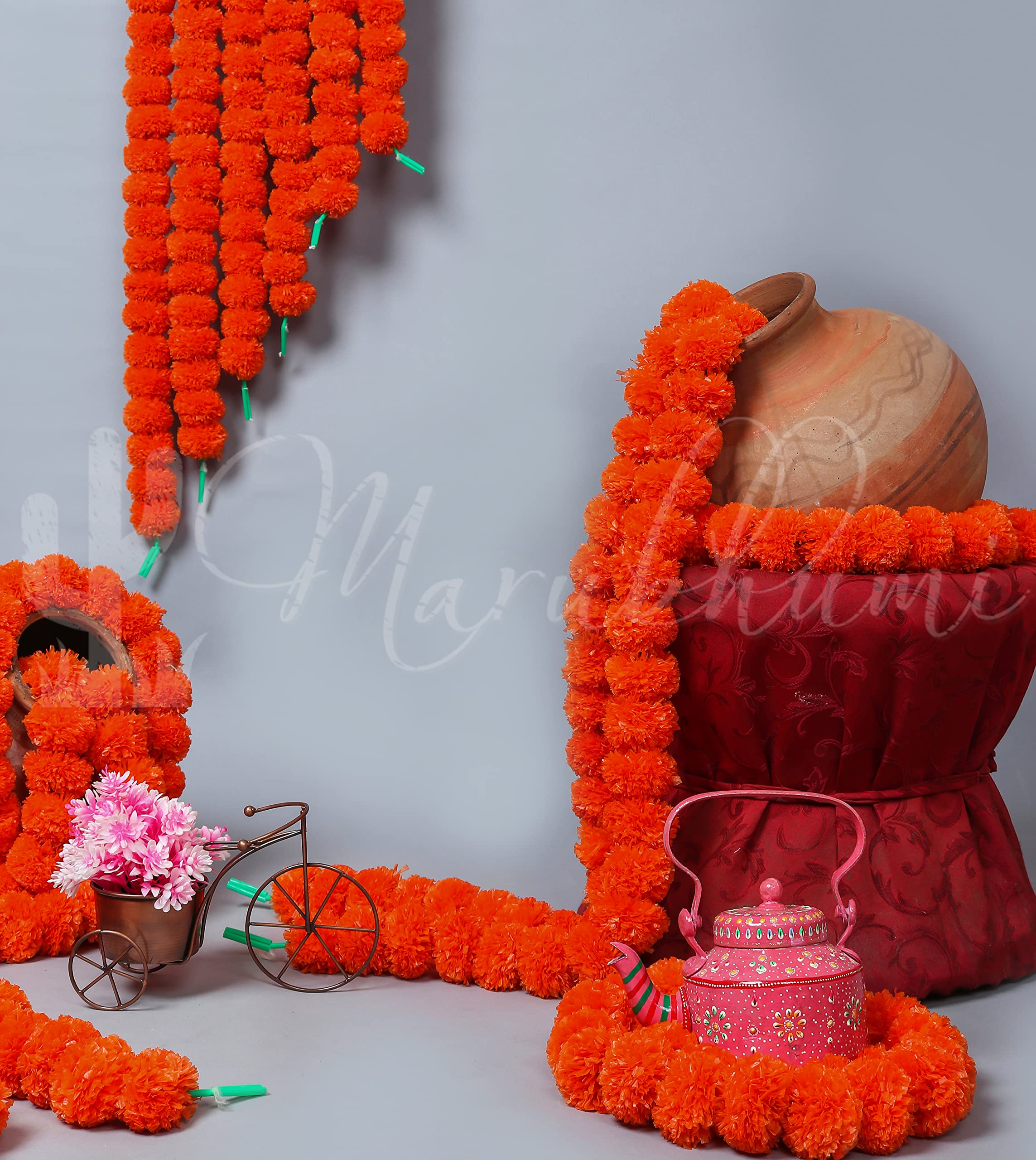 Marubhumi Strands Artificial Marigold Flowers Garland for Diwali Decor, Traditional Indian Decor, Marigold Garland for Decoration, Diwali Decorations for Home, Christmas Decor