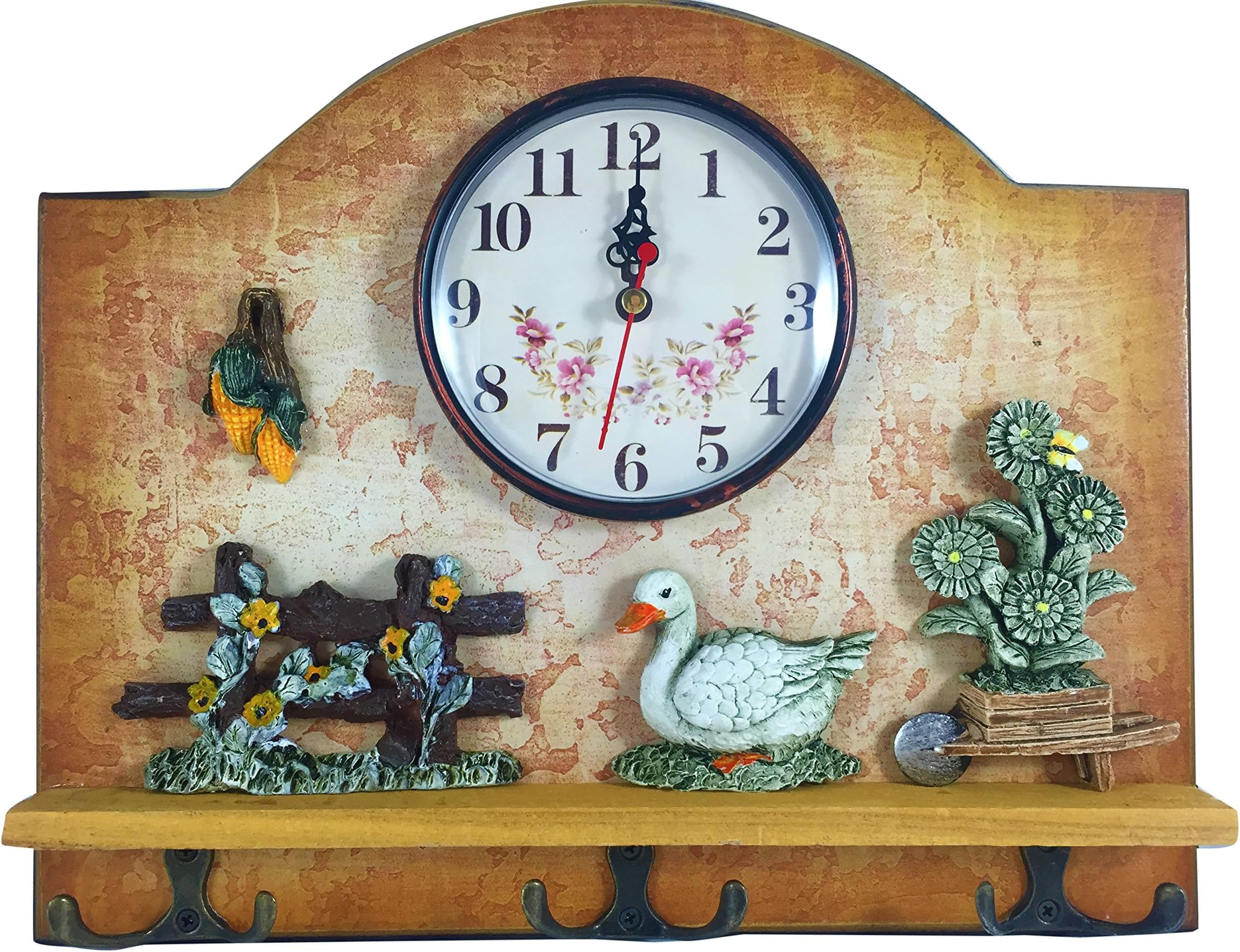 Heartful Home Wall Decor Clock with Key Holder Hooks - Best Gift Idea for Wedding & Housewarming Gifts - Two Styles: Rustic Country & French Chef - Great Entryway or Kitchen Organizer (English Farm)