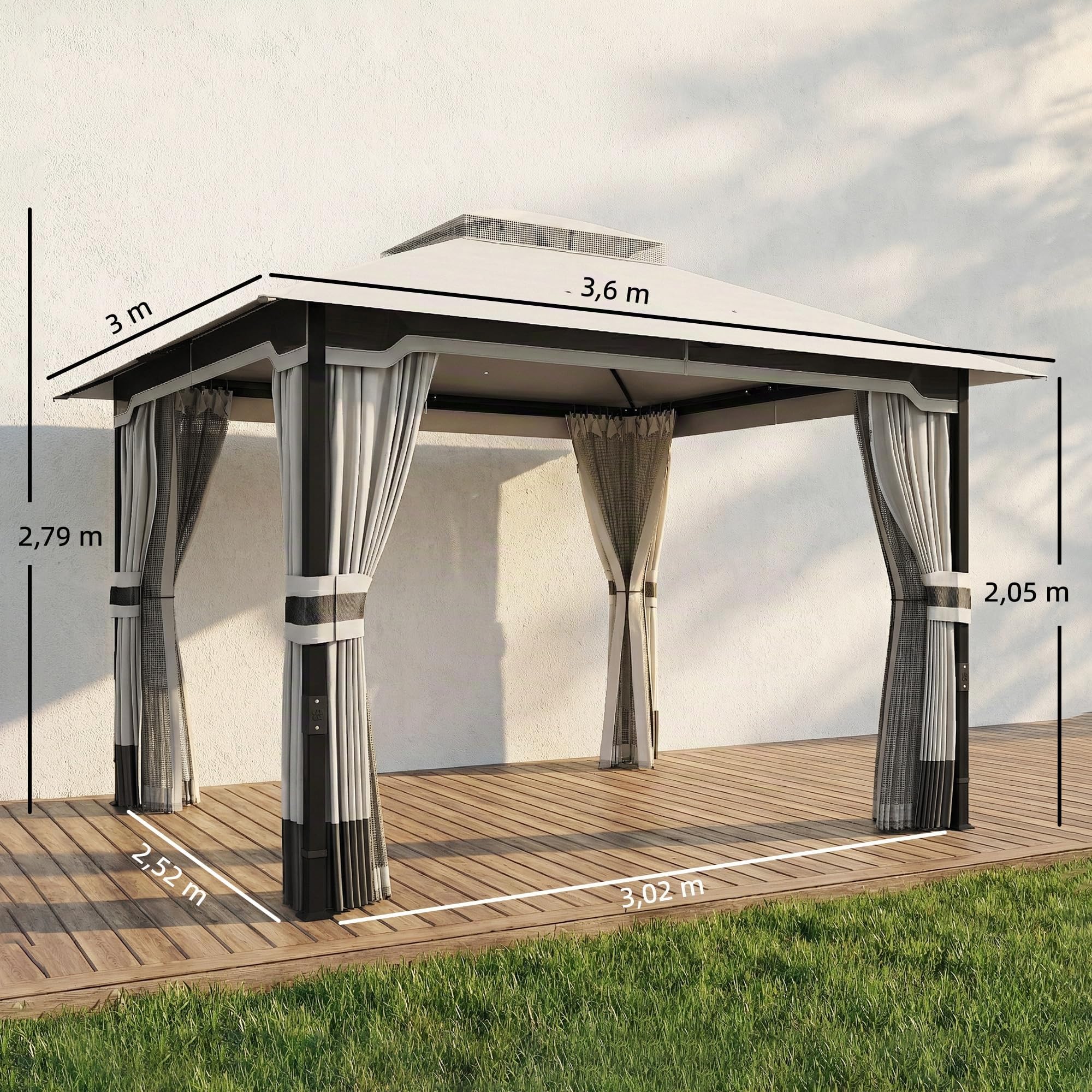 Outsunny Tonnelle de jardin 3x3,6 m, Pavillon de jardin Gazebo avec double toit, 4 parois latérales et moustiquaire, structure métallique, drainage, tente pour extérieur, terrasse, patio, gris clair