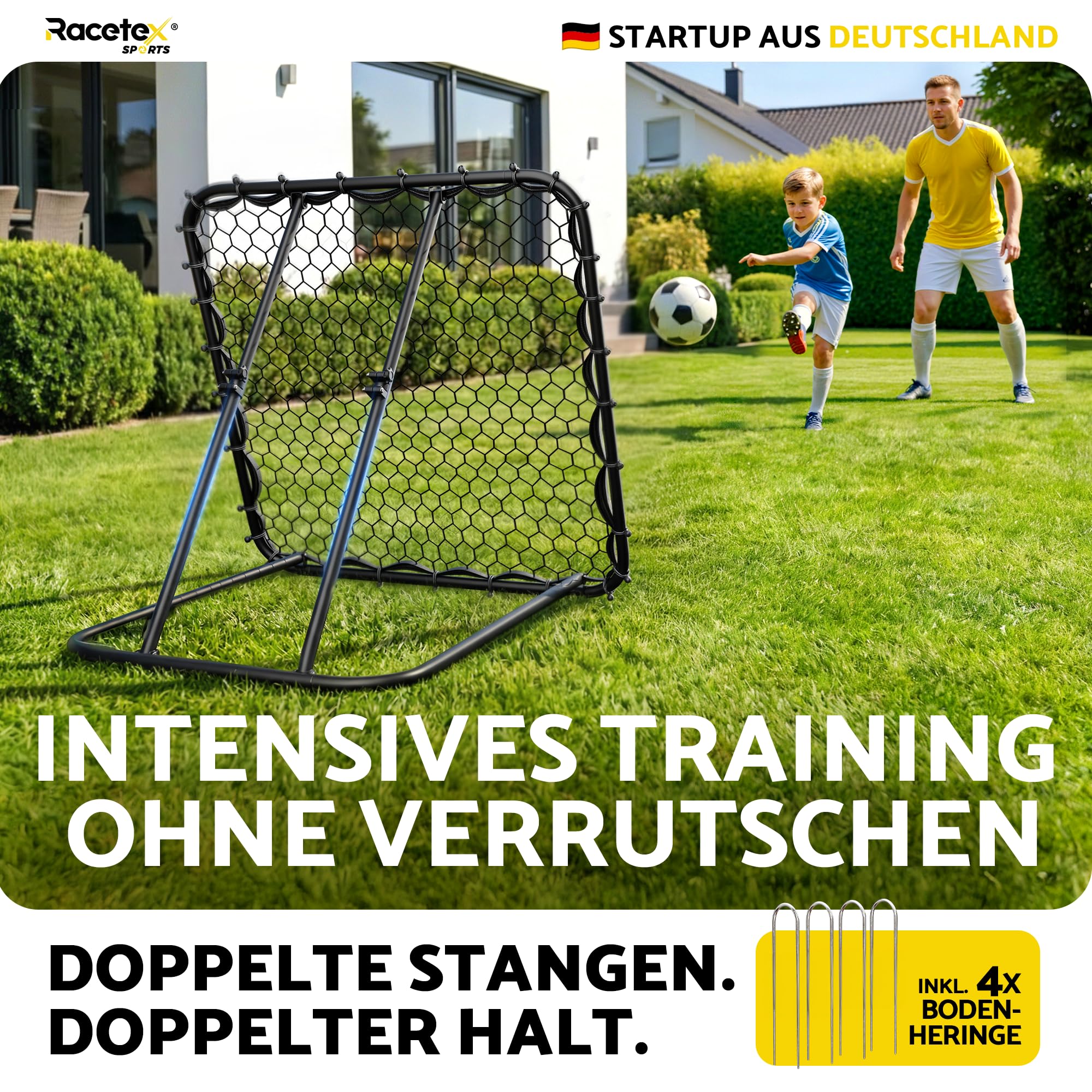 Racetex Rebounder für Fußball-Fussball Rebounder mit robuster Konstruktion | Stufenlos Verstellbar - Rebounder für Schuss-, Pass- und Ballannahme Training. Optimales Fußballtraining für Kinder im Garten