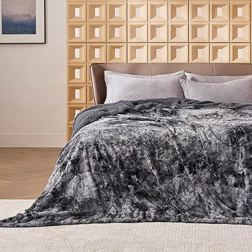 Bedsure GentleSoft Sherpa Fluffy Blanket Queen Size for Bed - Fleece Warm and Cozy for Women Gift, Plush & Fuzzy Faux Fur Christmas Blanket for Couch, Sofa Decor, Tie Dye Design, Grey, 90x90 Inches - 01 - Grey - Queen (90" x 90")