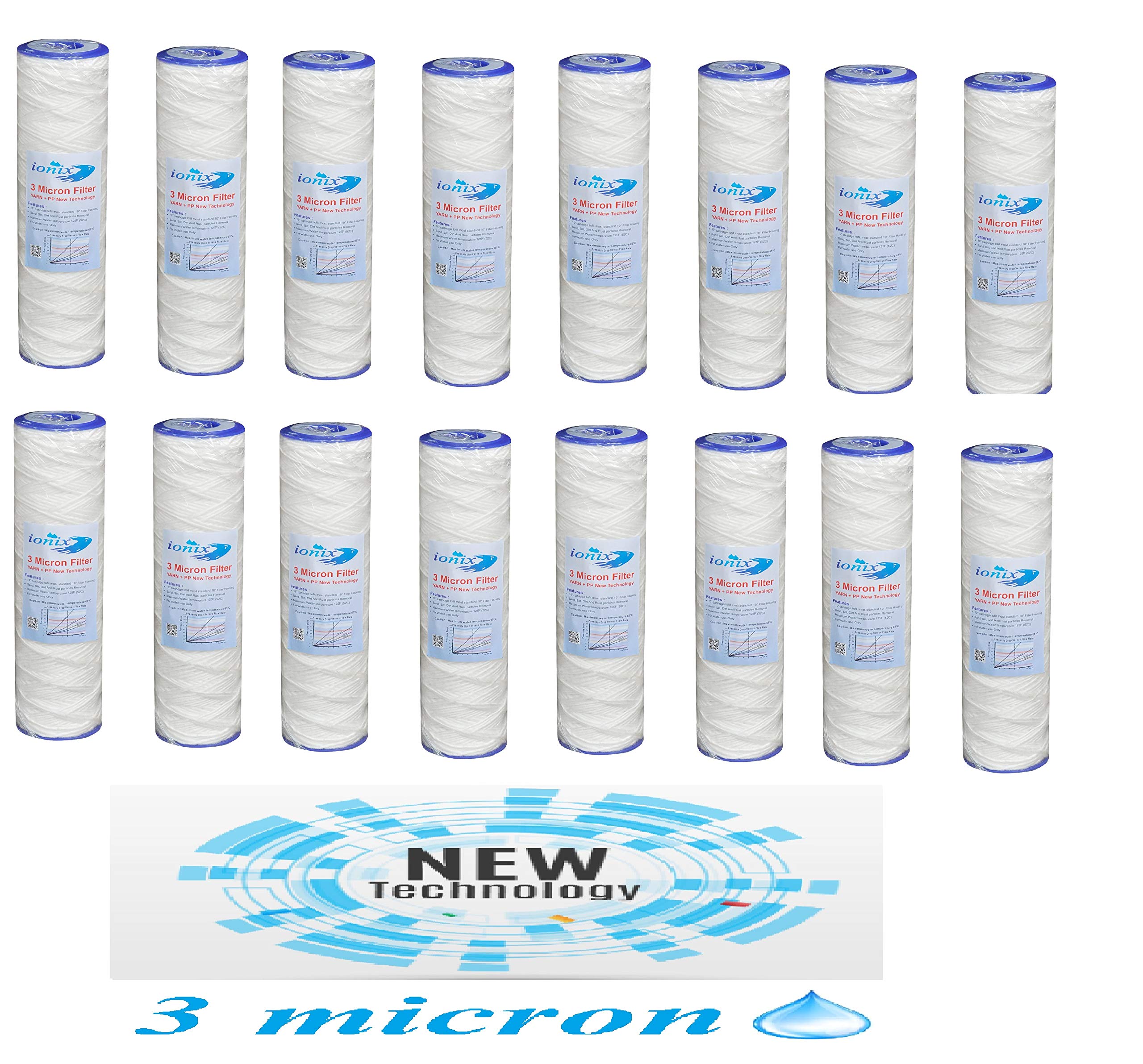 IONIX 3 Micron pre Filter, Yarn Spun, PP + Yarn, 10 inches, Compatible with All Standard Size pre Filters, Pack of 16