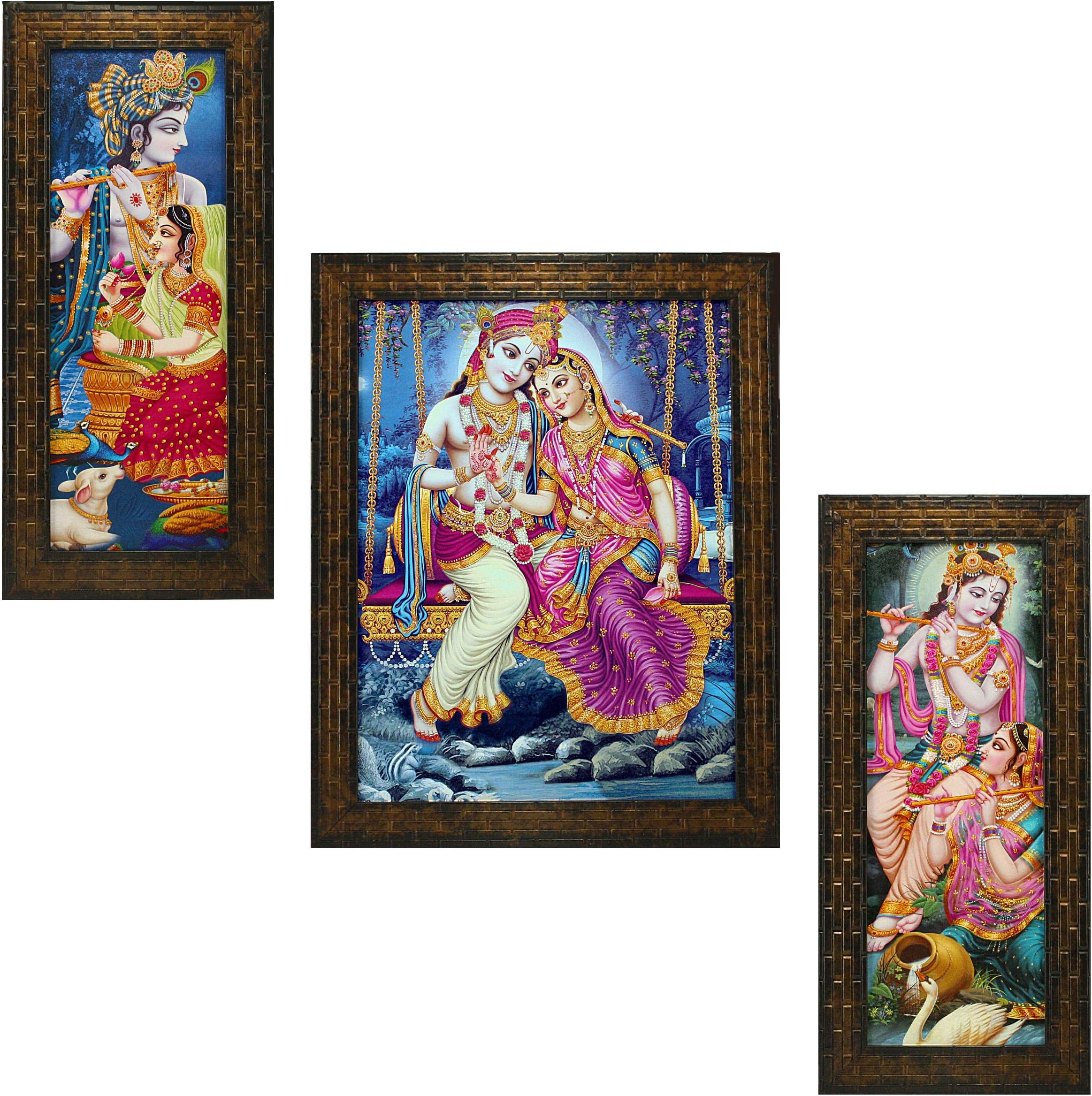 Indianara 3 PC Set of Radha Krishna Paintings (1481) Without Glass 5.2 X 12.5, 9.5 X 12.5, 5.2 X 12.5 inch