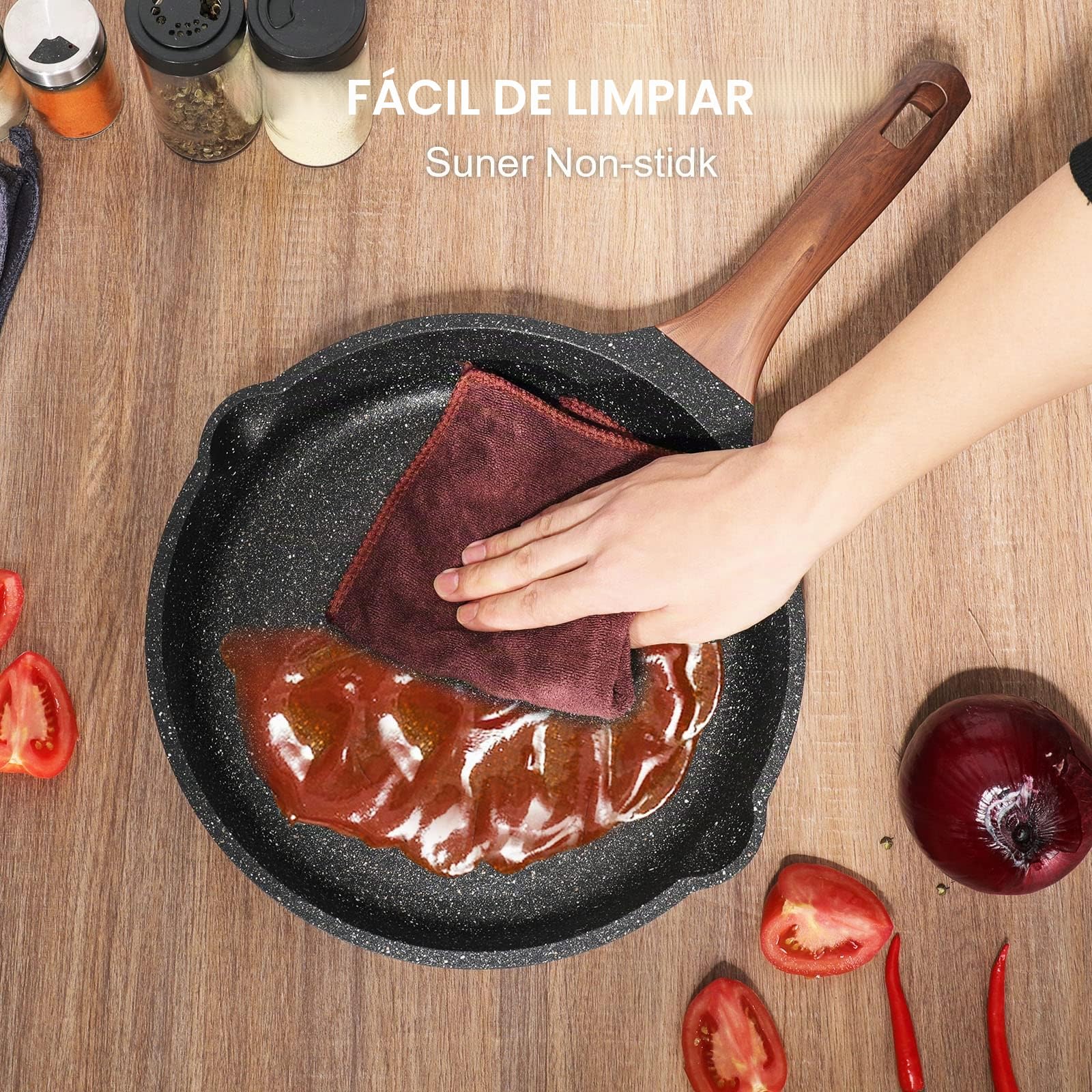 ZUOFENG Sartén Antiadherente de 28CM, Aluminio Fundido Sartenes para Saltear, para Todo Tipo de Cocinas Incluida Inducción y Vitrocerámica, Contiene Tapa de Vidrio Templado.
