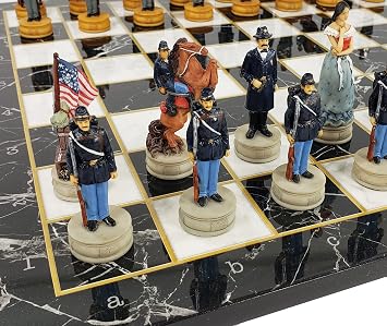 US American Civil War Queens Painted Chess Set with 17 inch Faux Marble Color Board