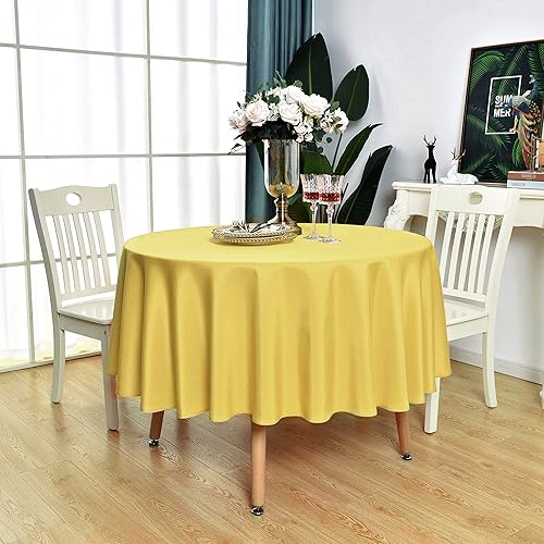 Miniatura 8 de Mantel redondo amarillo, impermeable, resistente a las manchas, sin arrugas, poliéster de 210 GSM, lavable, lavable, lavable, para fiestas,