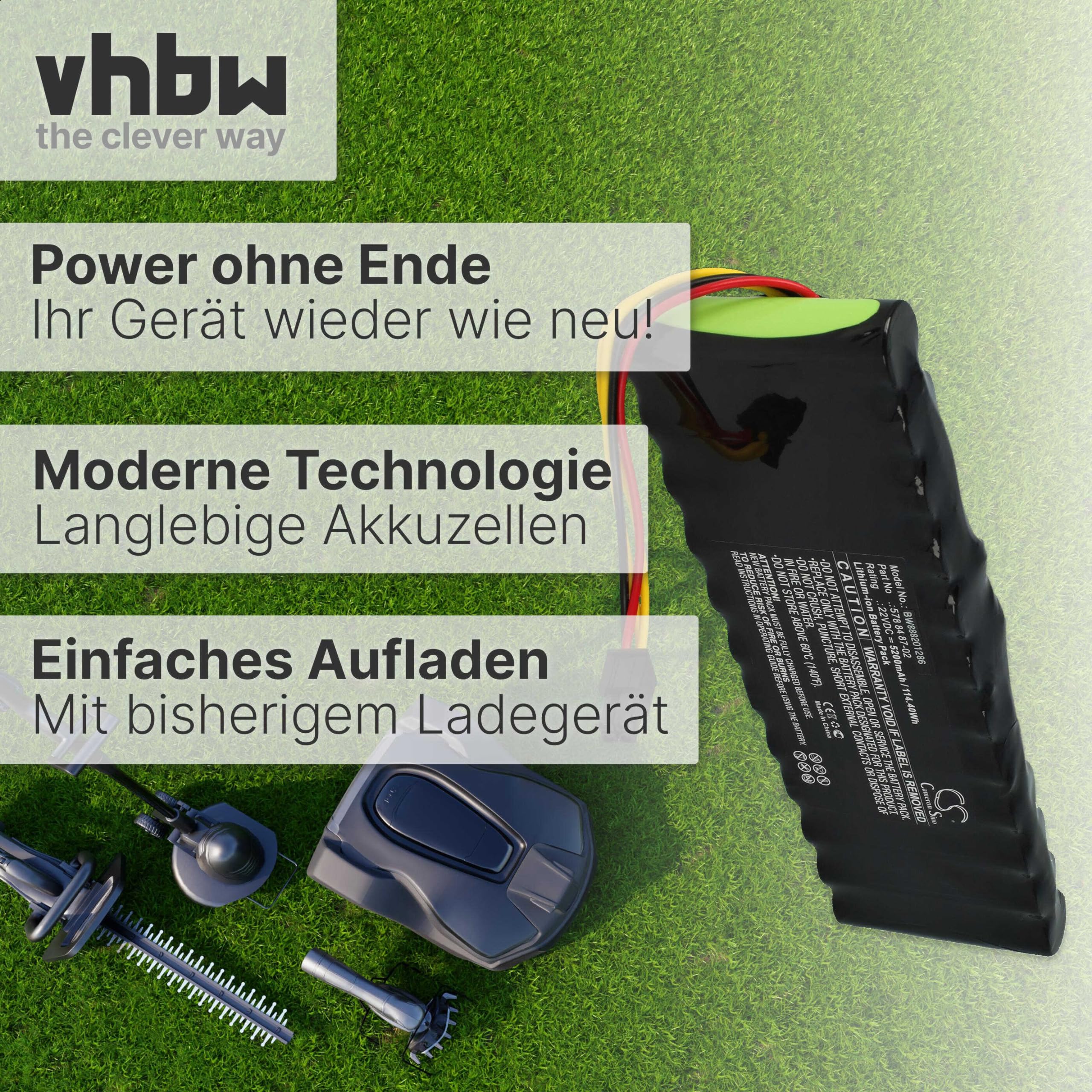 vhbw batteria compatibile con Husqvarna Automower 265 ACX, 265 ACX 2012, 265 ACX 2013 tagliaerba, robot tagliaerba (5200mAh, 22,2V, Li-Ion)