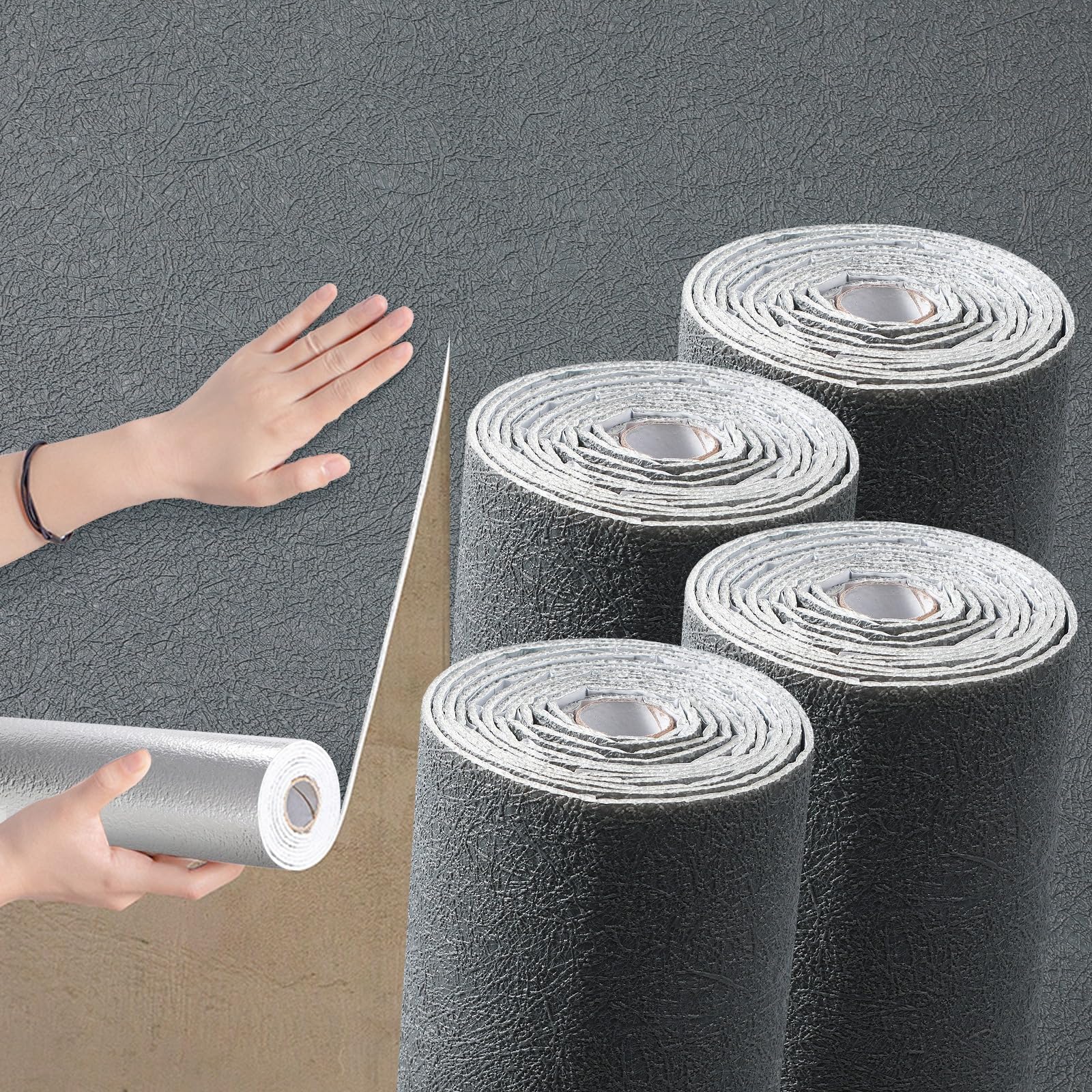 Camiraft Self Adhesive Wallpaper Roll Peel and Stick Thermal Wallpaper for Bad Cold Walls -4 Rolls=5.6m² 3mm Thick Dark Grey Textured Insulated Lining Paper for Walls for Bedroom Living Room,Bathroom