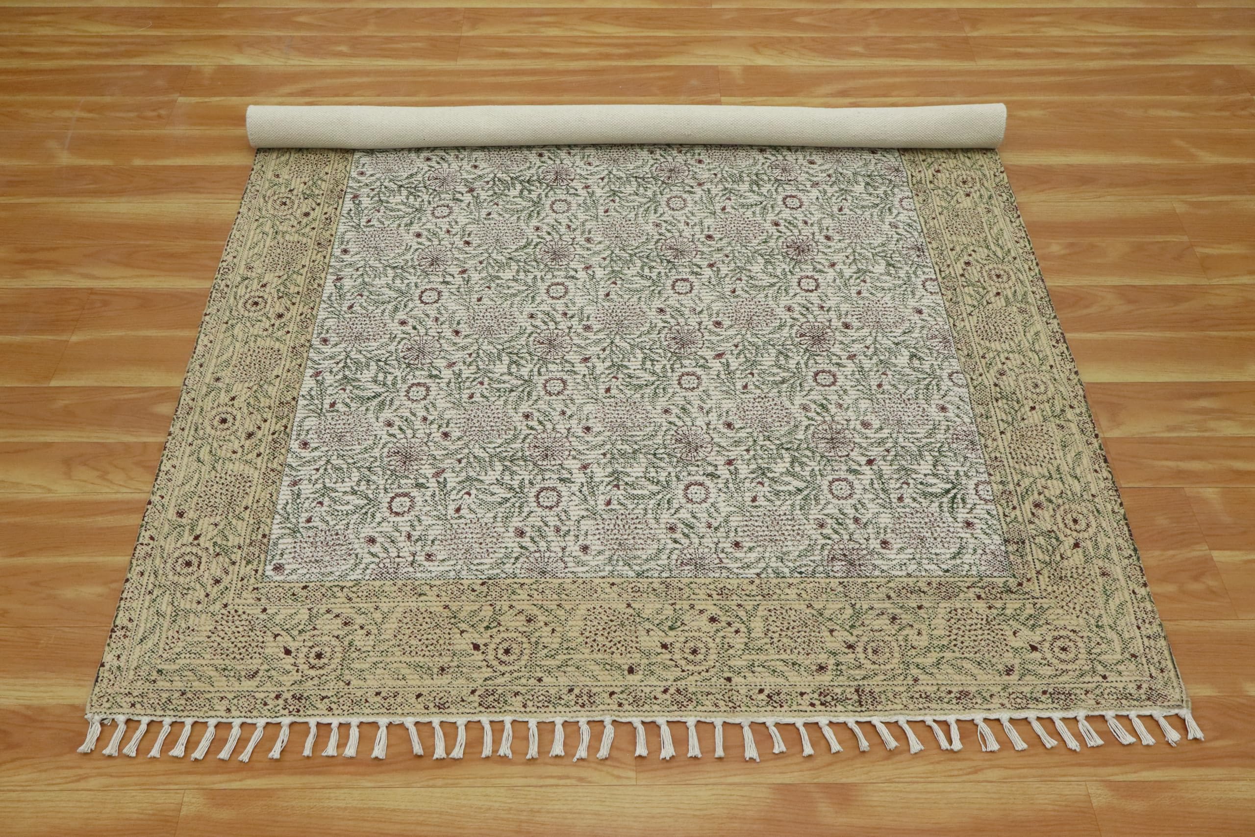 Kelim-Teppich aus Baumwolle, handbedruckt, 3 m, quadratisch, waschbar, 0,5 cm, Handwäsche, Flachgewebe, Braun und Beige, Blumenmuster, für drinnen und draußen, für Küche, Yoga