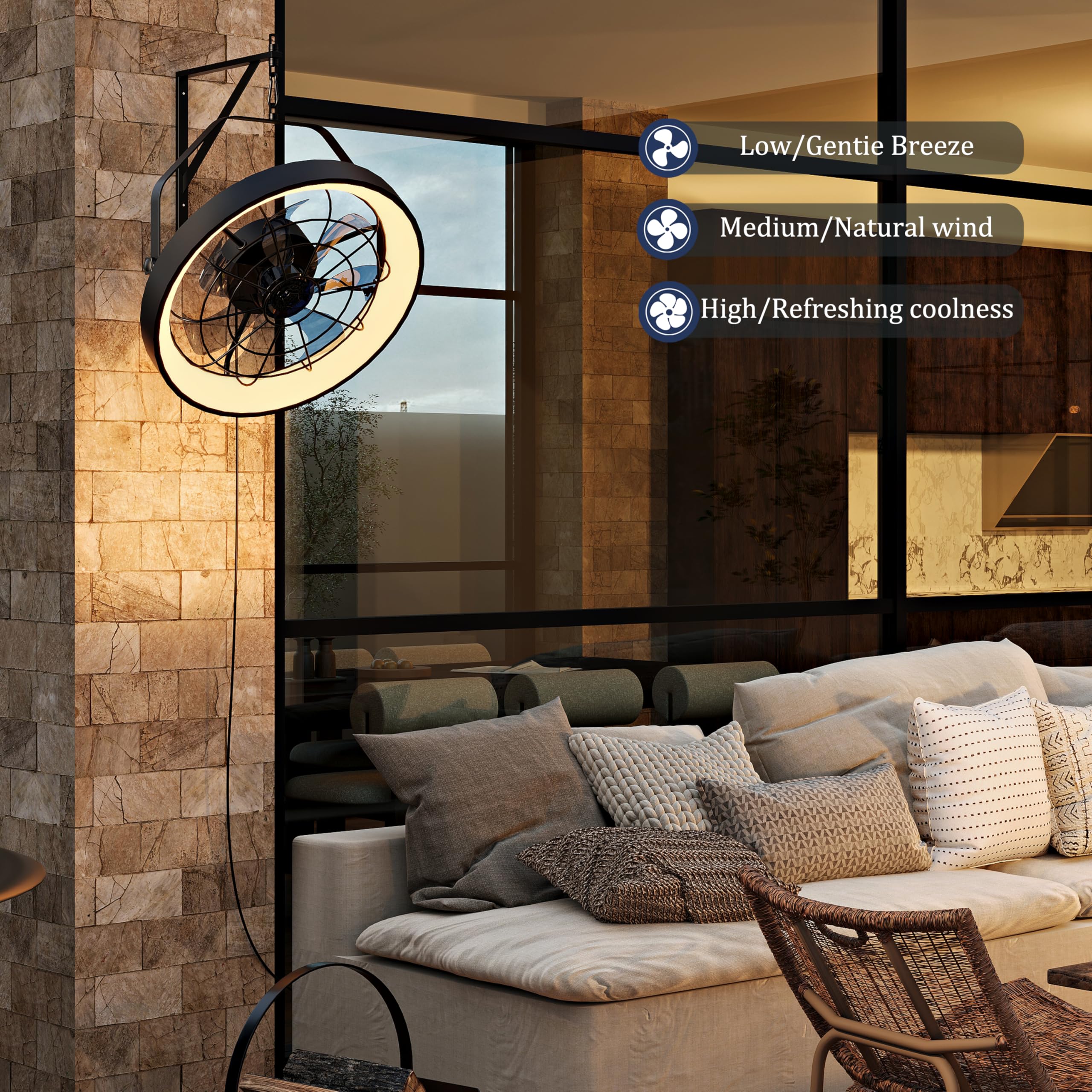 Ventilador de montaje en pared de 20 pulgadas con luz, ventilador de techo de alta velocidad de 5000 CFM de 6 velocidades, ventilador de exterior de inclinación ajustable con luz LED 5