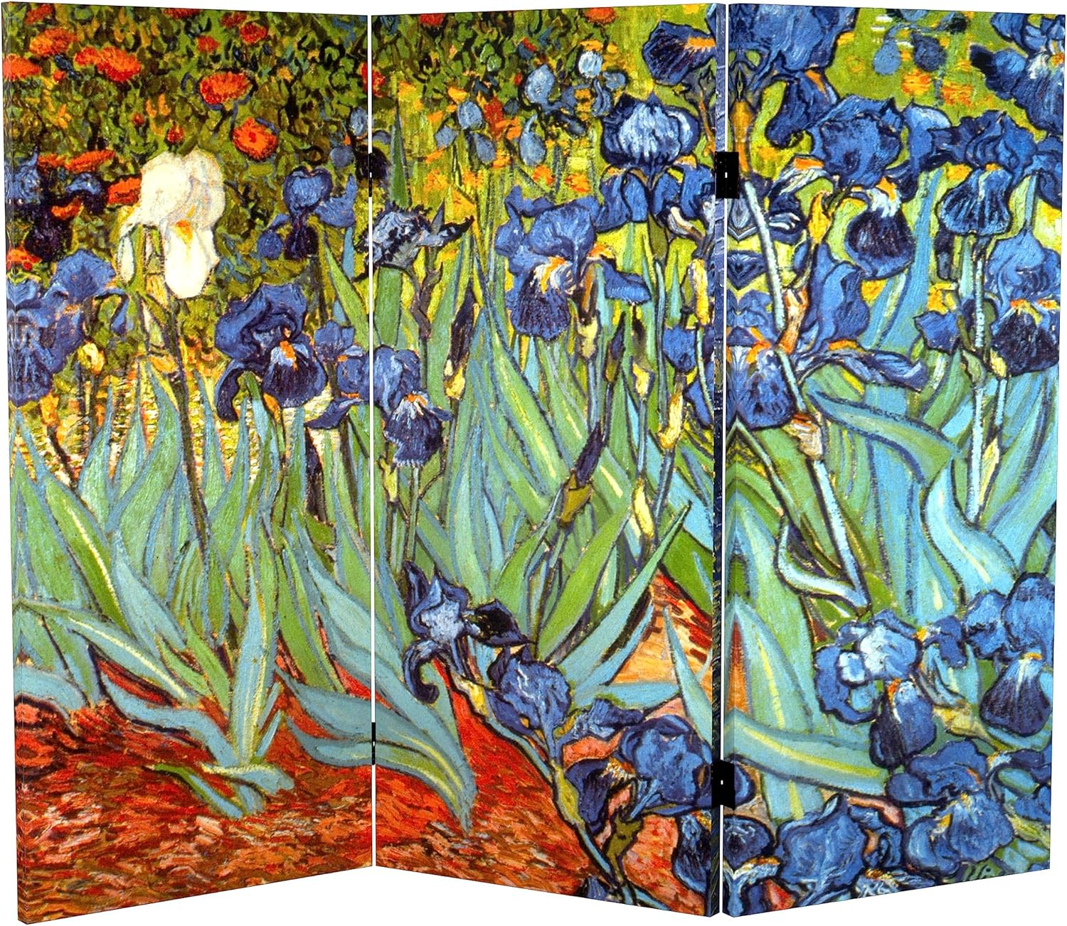 Red Lantern 3 ft. Short Double Sided Works of Van Gogh Canvas Folding Screen Irises/Starry Night Over Rhone 3 Panel Freestanding Partition and Separator for Modern and Contemporary Bedroom Home Office
