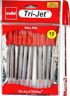 Cello Tri-Jet Red Ballpoint Pens Extra Grip Medium Point Biros (1.0 mm) - Red Pens, Pack Of 10,