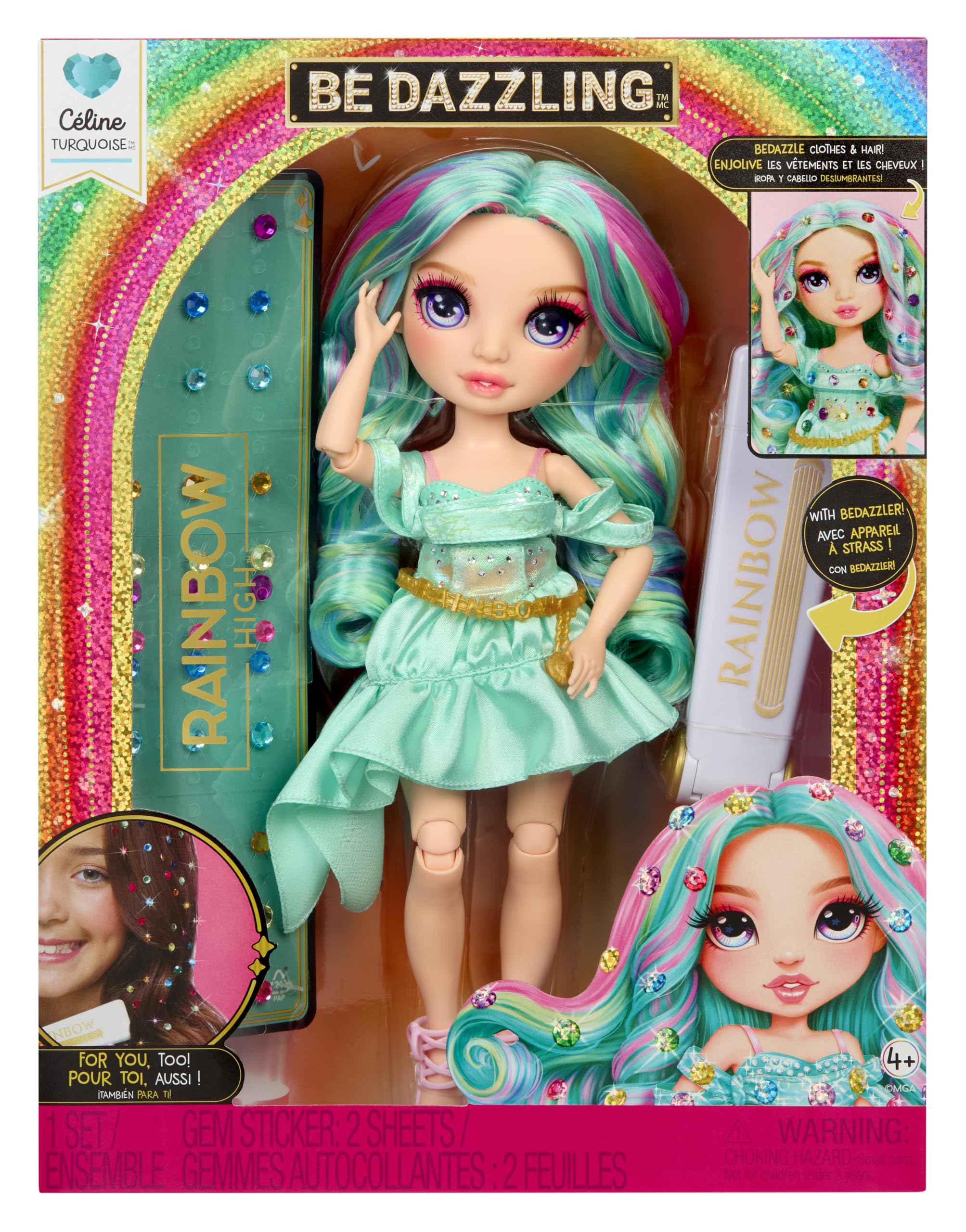RAINBOW HIGH Be Dazzling - Celine Turquoise - Muñeca de Moda Turquesa de 28 cm con Herramienta para Deslumbrar, Gemas Brillantes y Accesorios de Estilismo