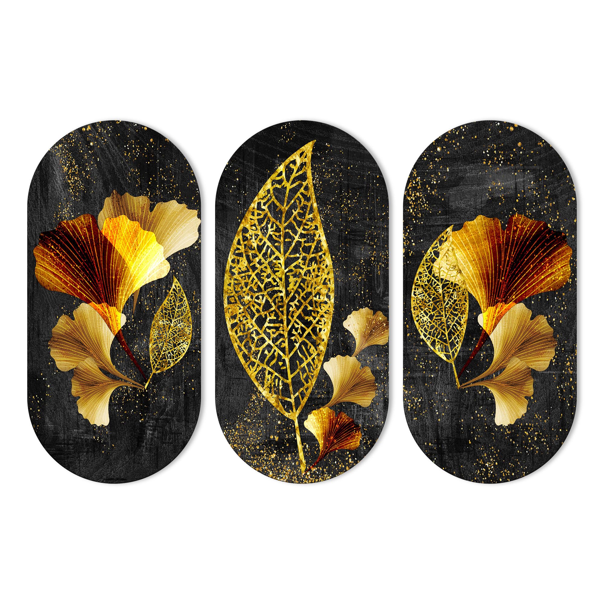 Artvibes Golden Flowers and leaves Wooden Wall Hanger for Home | Office | Living Room | Gift | Modern Decoration Items | Kitchen Wall Decor | Artworks (WH_9001N), Set of 3