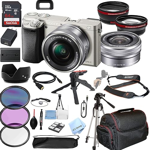 Sony Alpha a6400 - Cámara digital sin espejo (plateada) con lente de 0.630-1.969 in + memoria de 64 GB, gran angular + lente de teleobjetivo,
